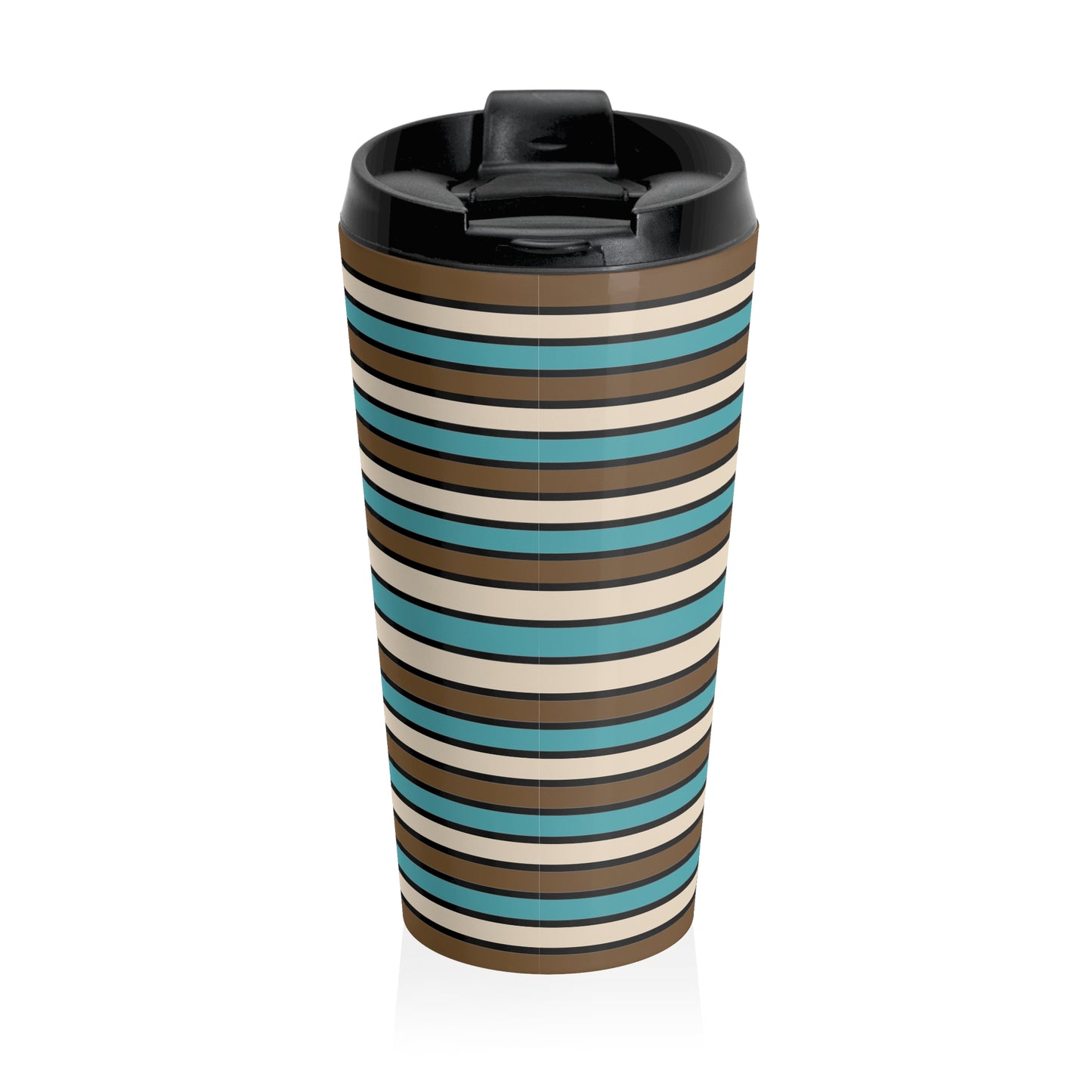 Funky 70's Style Retro Horizontal Striped Stainless Steel Travel Mug in Light blue/Cream/Coffee Brown