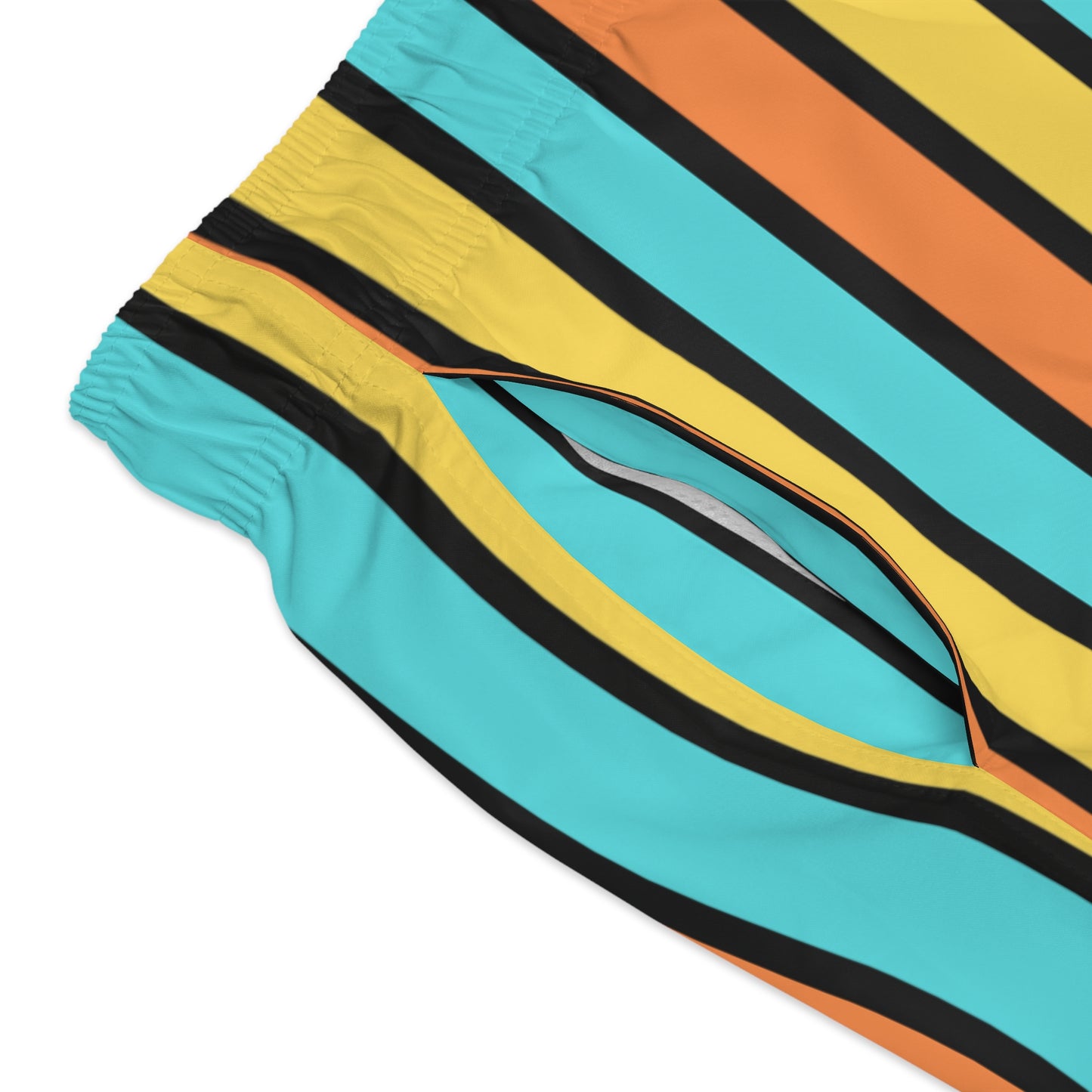 Funky 70's Style Retro Striped Swim Trunks in Goldenrod/Teal/Orange