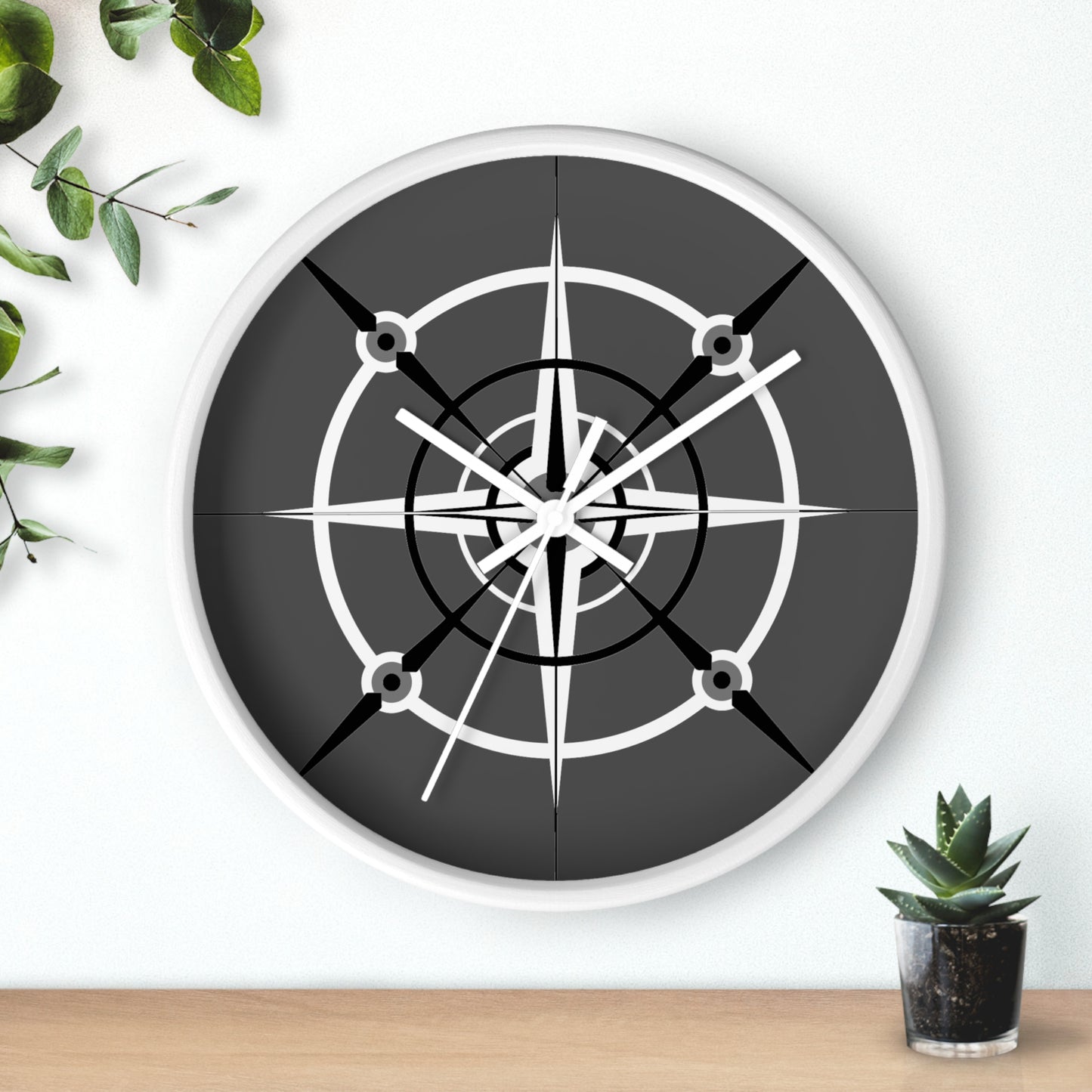 Smokey Monochrome Compass Rose Wall Clock