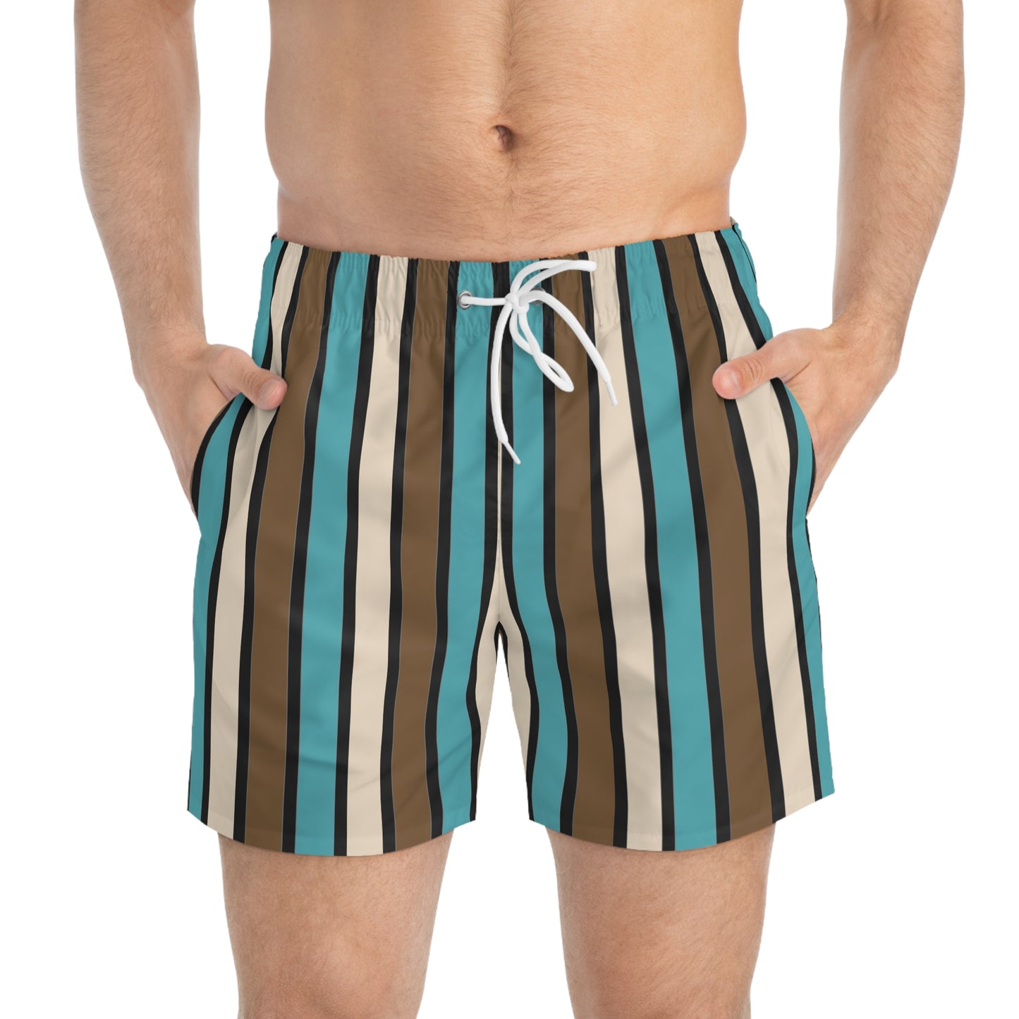 Funky 70's Style Retro Striped Swim Trunks in Light Blue/Cream/Coffee Brown