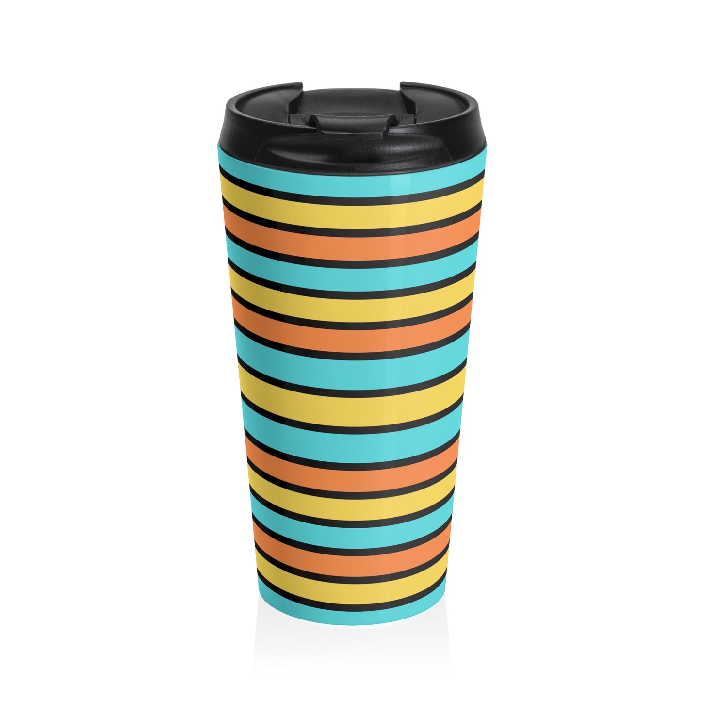 Funky 70's Style Retro Horizontal Striped Stainless Steel Travel Mug in Goldenrod/Teal/Orange