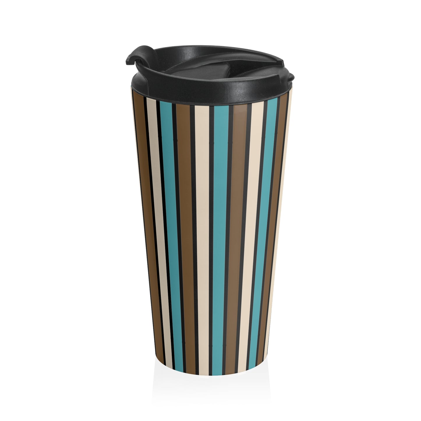 Funky 70's Style Retro Vertical Striped Stainless Steel Travel Mug in Light blue/Cream/Coffee Brown