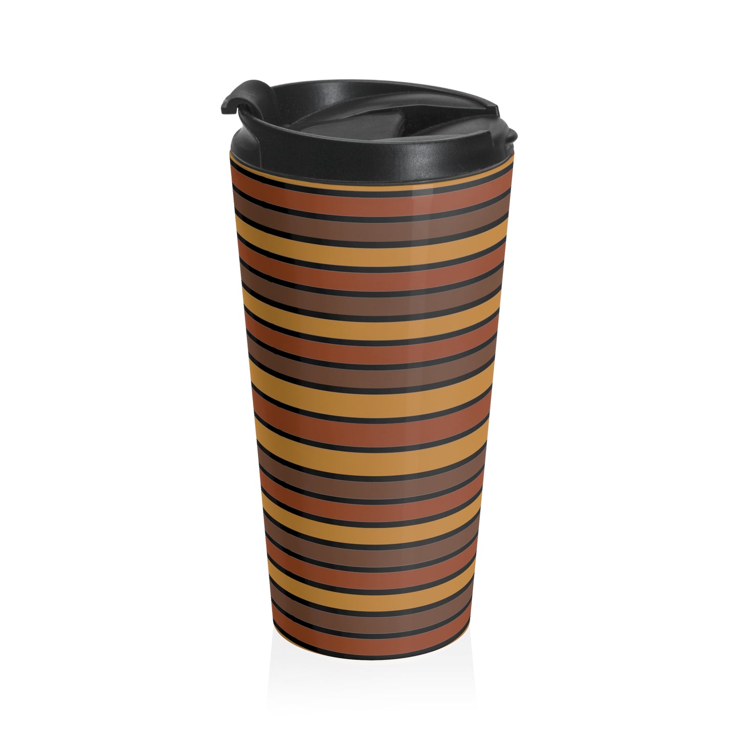 Funky 70's Style Retro Horizontal Striped Stainless Steel Travel Mug in Shades of Mahogany