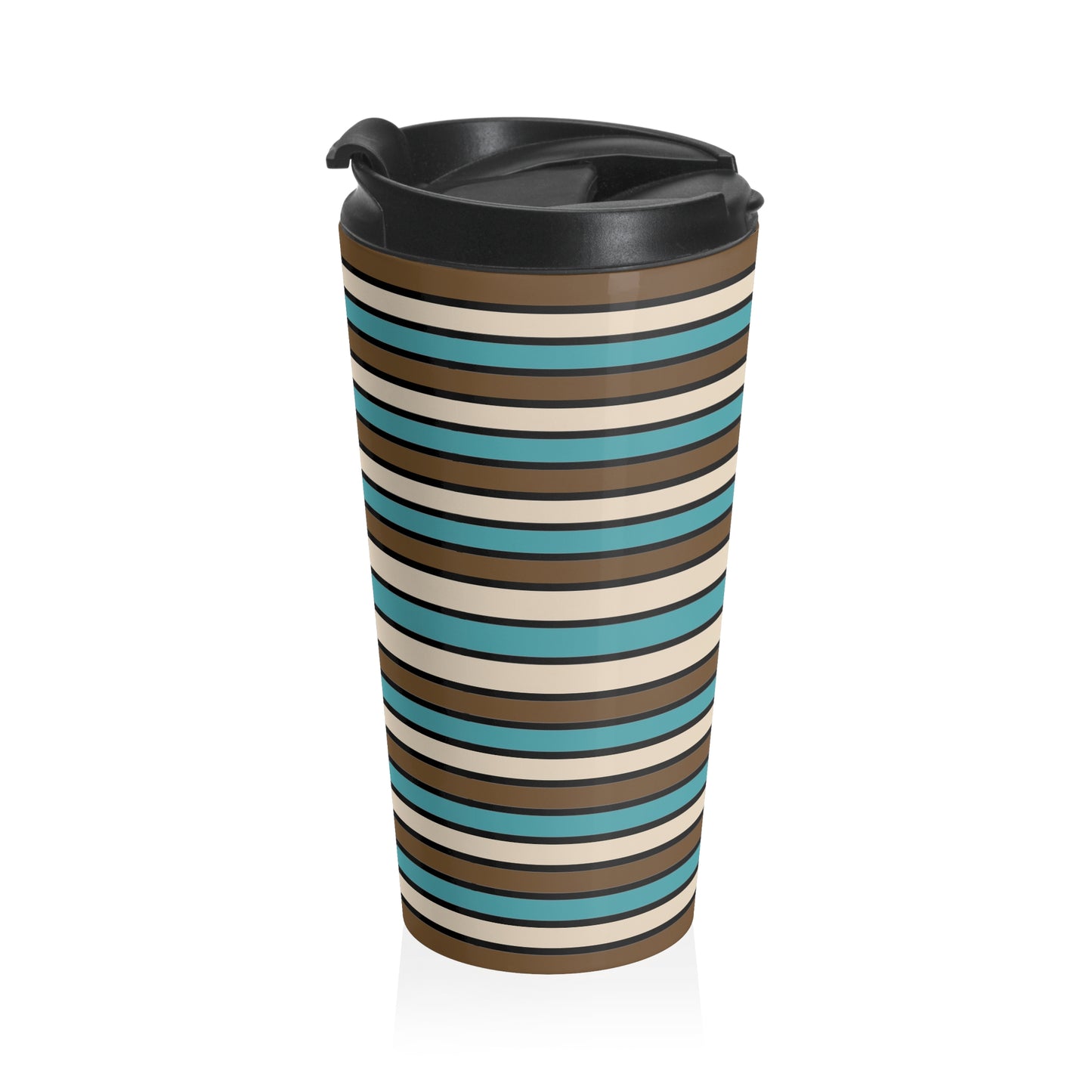 Funky 70's Style Retro Horizontal Striped Stainless Steel Travel Mug in Light blue/Cream/Coffee Brown