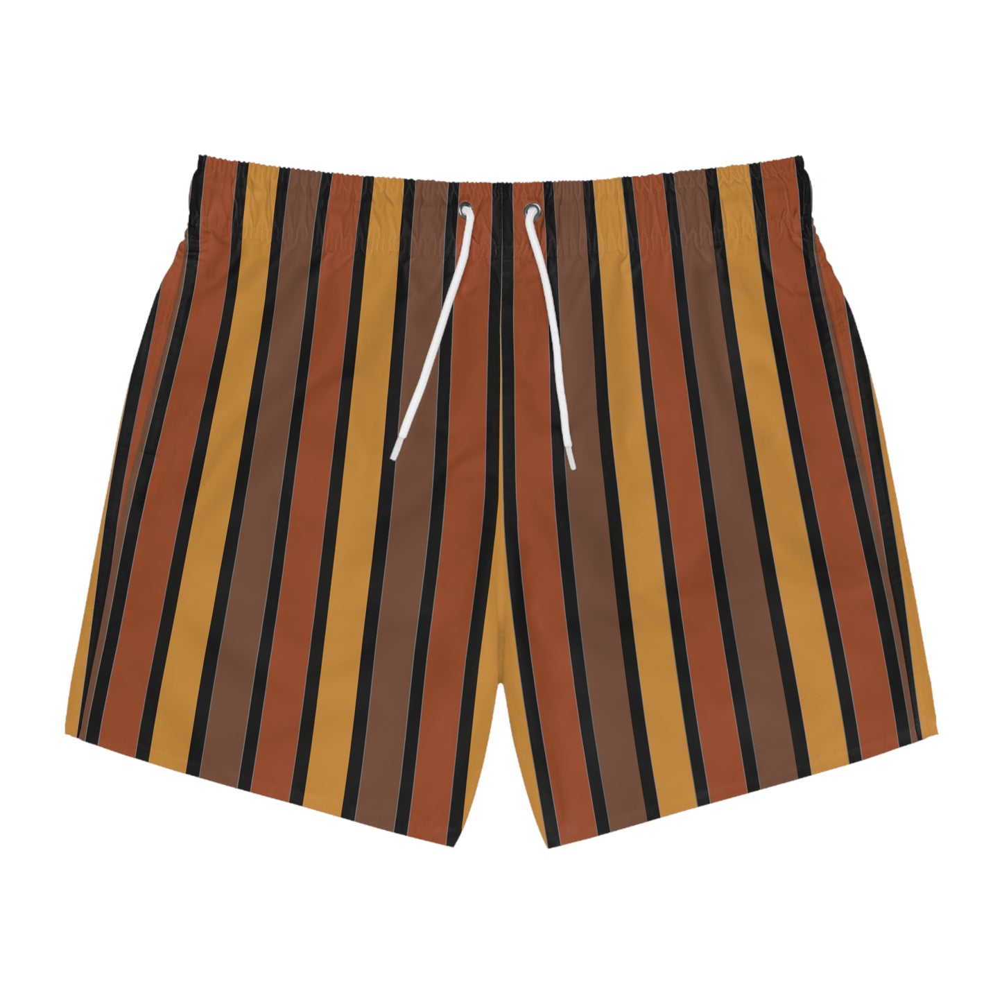 Funky 70's Style Retro Striped Swim Trunks in Shades of Mahogany