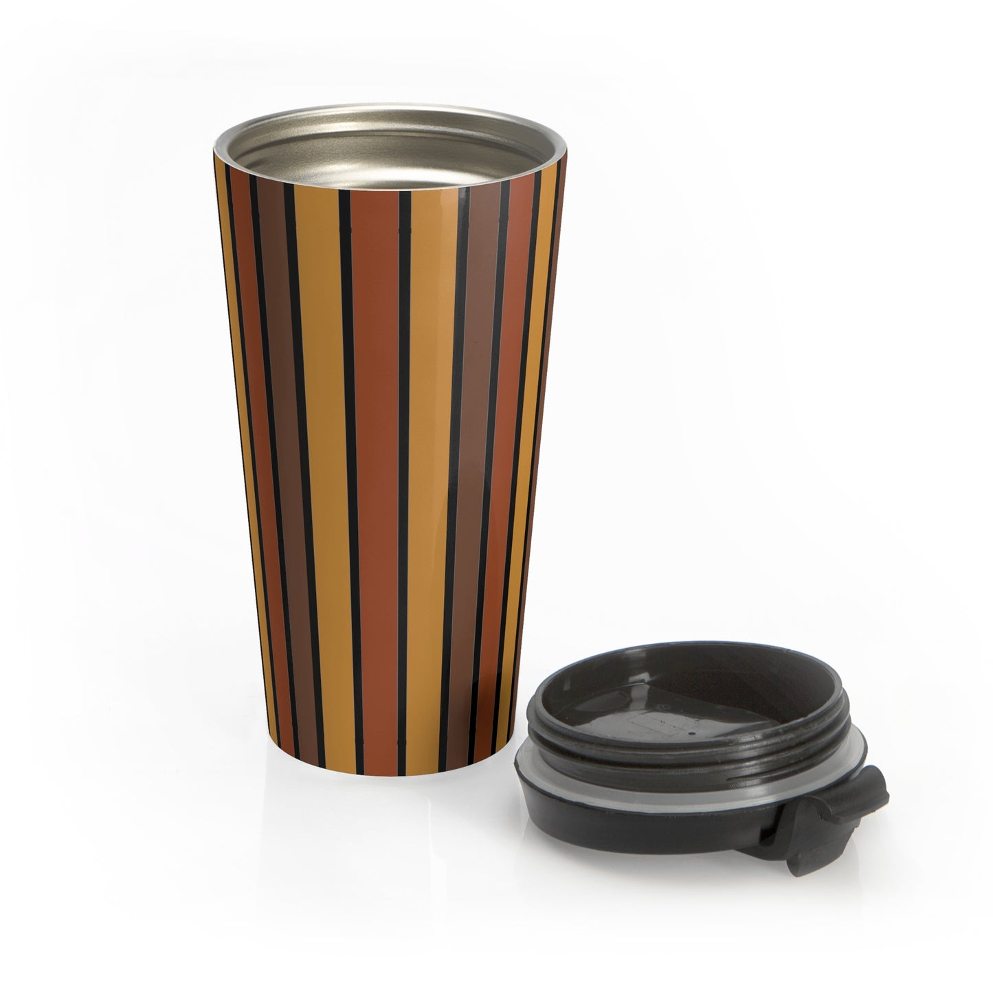 Funky 70's Style Retro Vertical Striped Stainless Steel Travel Mug in Shades of Mahogany