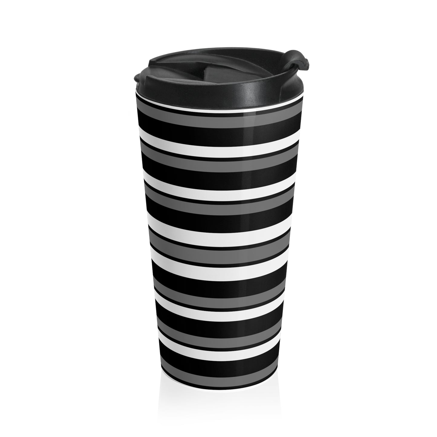 Funky 70's Style Retro Horizontal Striped Stainless Steel Travel Mug in Monochrome Black/White/Grey