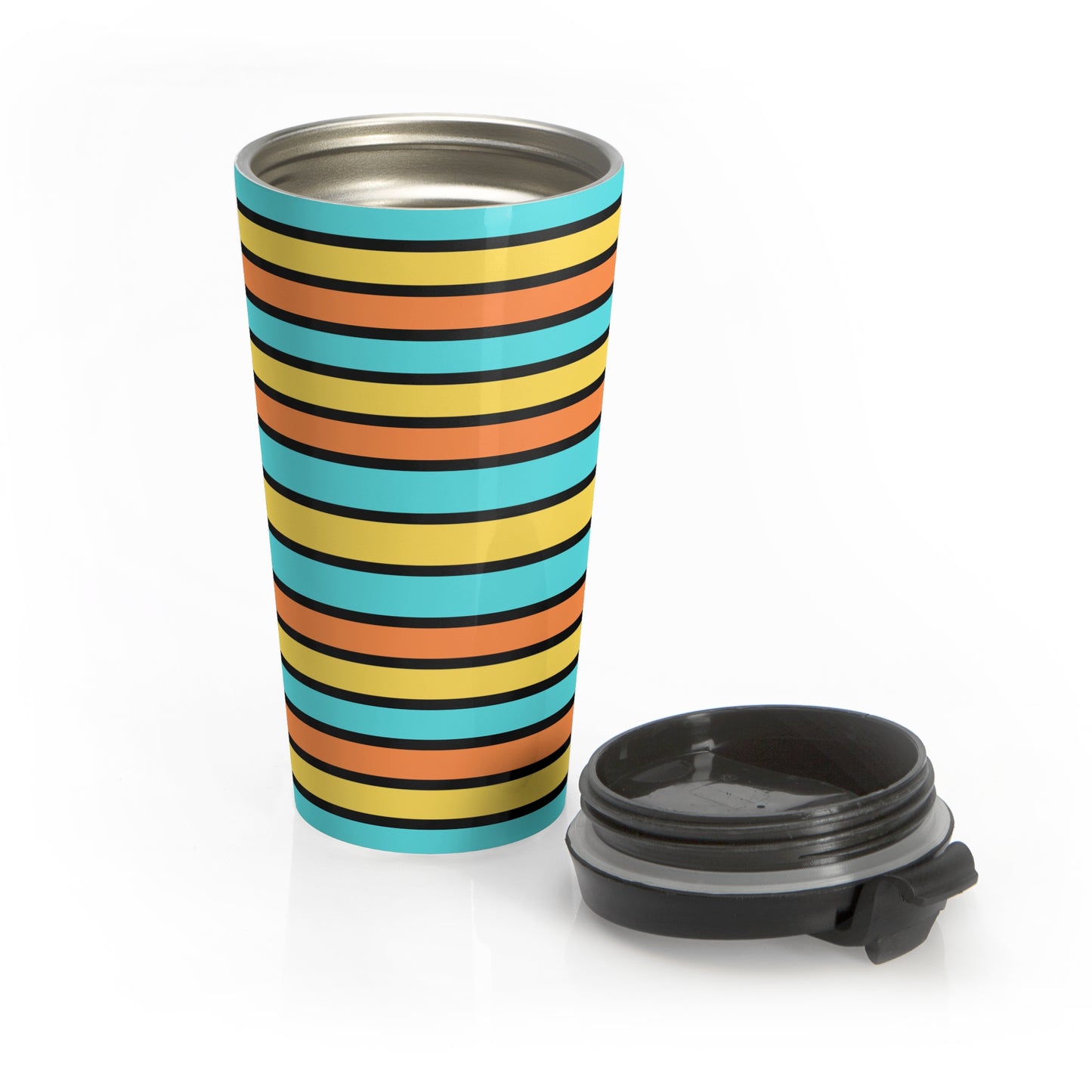 Funky 70's Style Retro Horizontal Striped Stainless Steel Travel Mug in Goldenrod/Teal/Orange