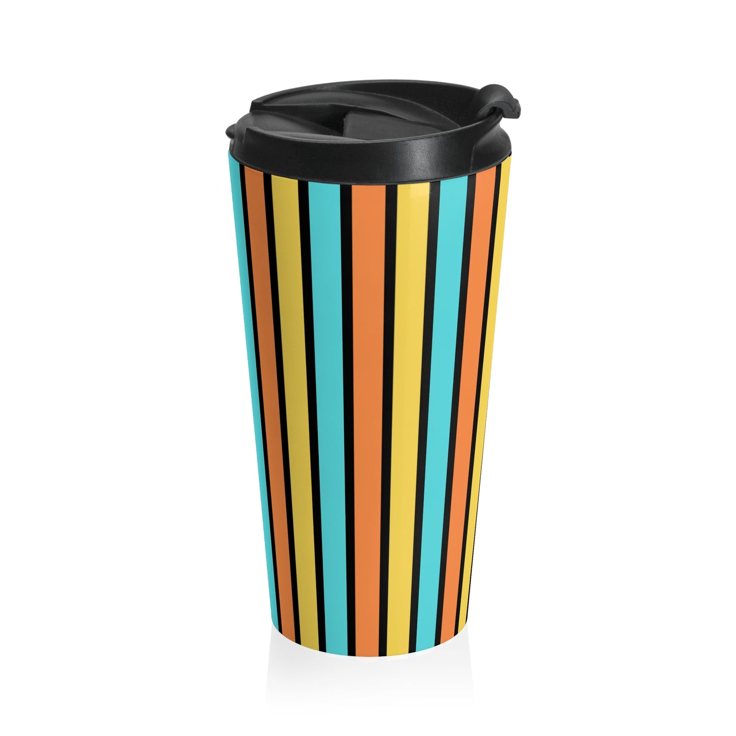 Funky 70's Style Retro Vertical Striped Stainless Steel Travel Mug in Goldenrod/Teal/Orange