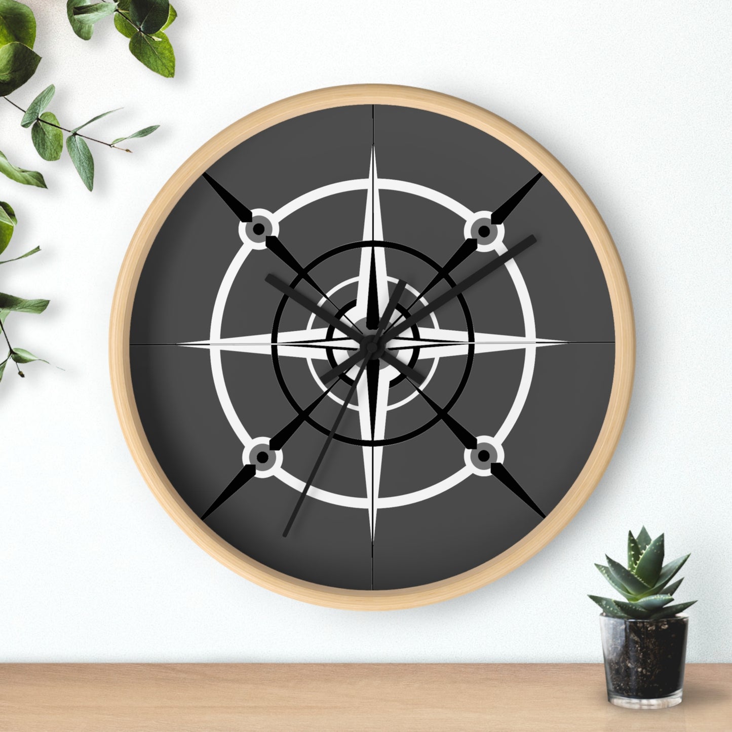 Smokey Monochrome Compass Rose Wall Clock