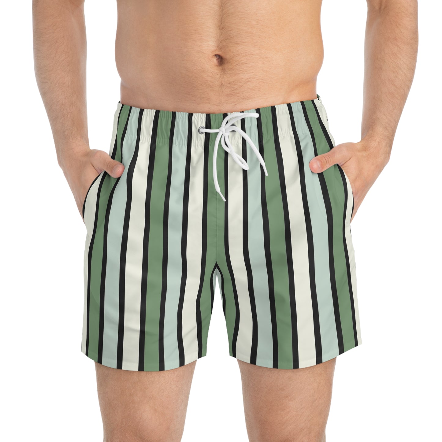 Funky 70's Style Retro Striped Swim Trunks in Shades of Seafoam Green