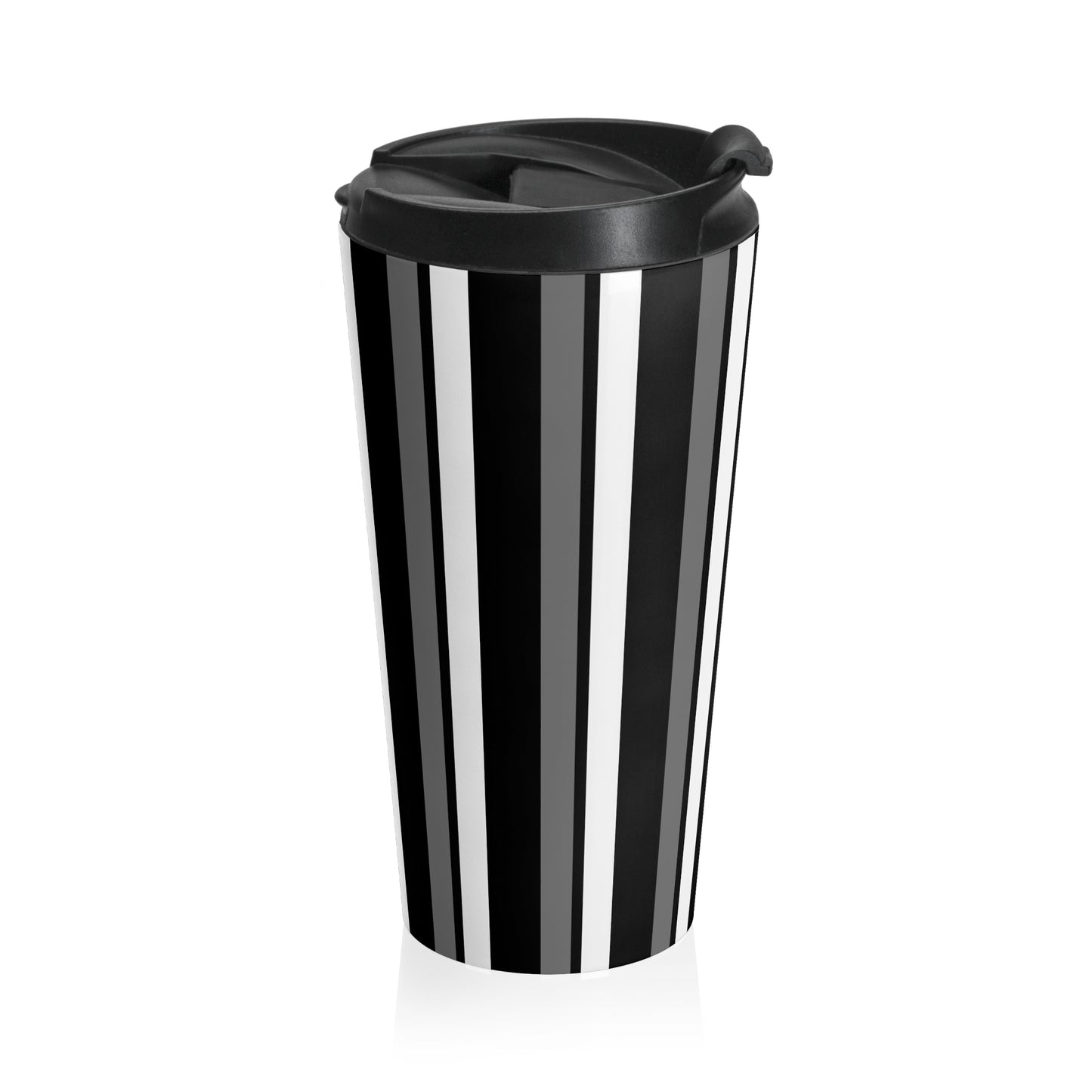 Funky 70's Style Retro Vertical Striped Stainless Steel Travel Mug in Monochrome Black/White/Grey