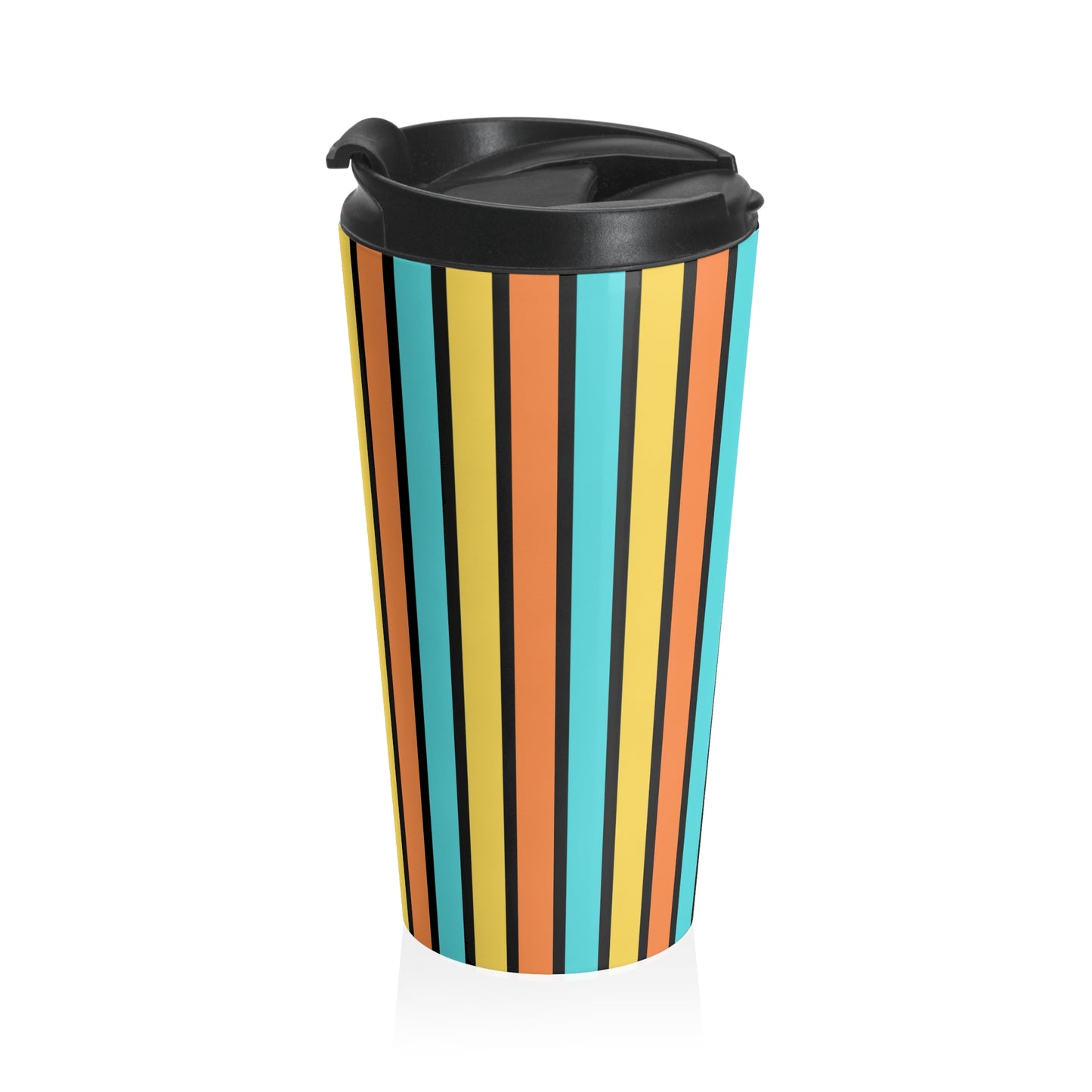 Funky 70's Style Retro Vertical Striped Stainless Steel Travel Mug in Goldenrod/Teal/Orange