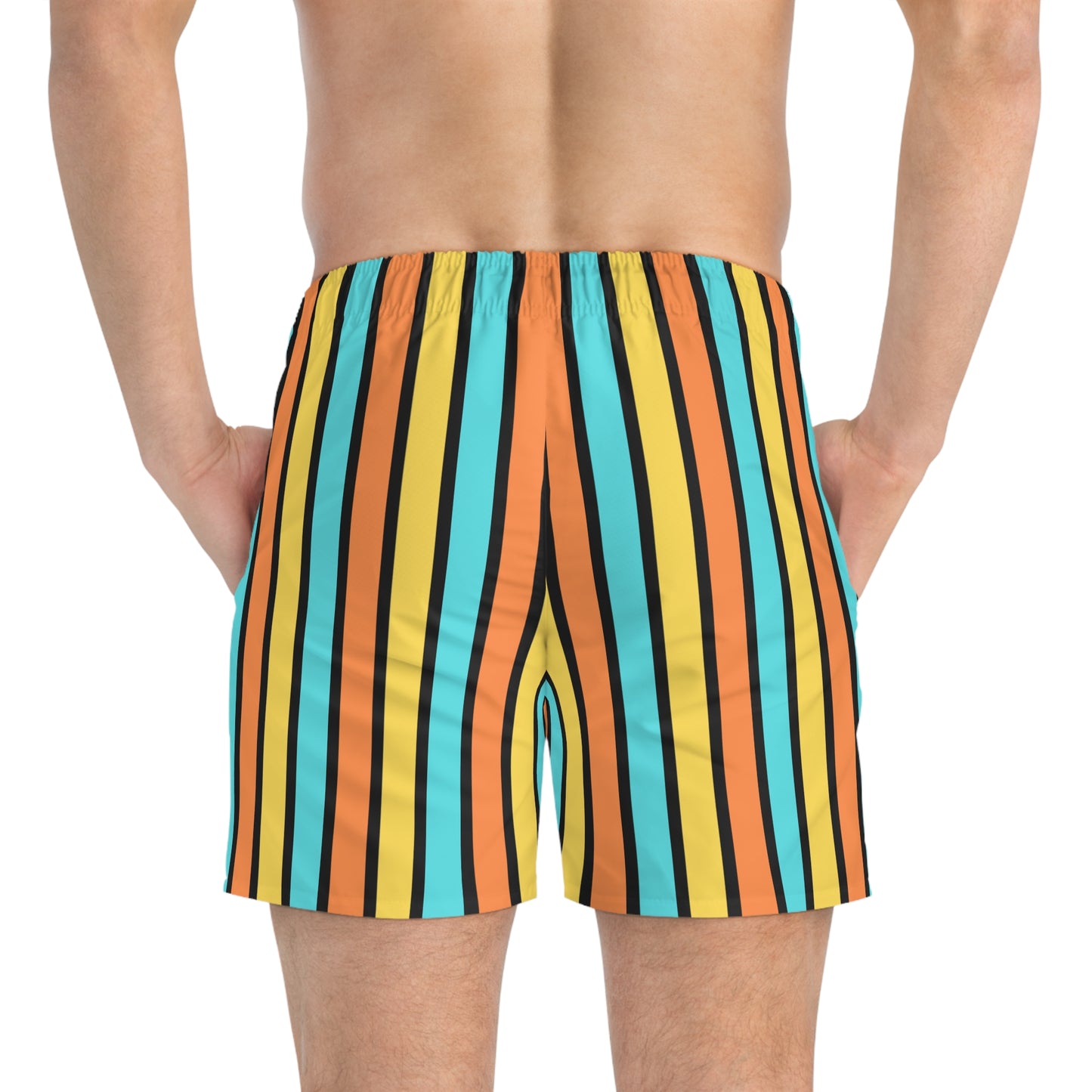 Funky 70's Style Retro Striped Swim Trunks in Goldenrod/Teal/Orange