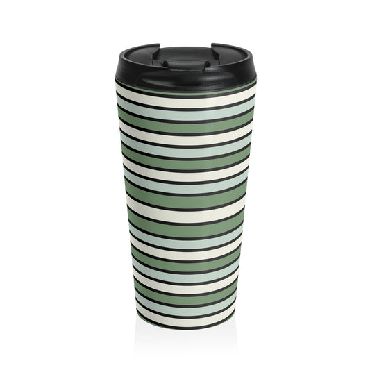 Funky 70's Style Retro Horizontal Striped Stainless Steel Travel Mug in Shades of Seafoam Green