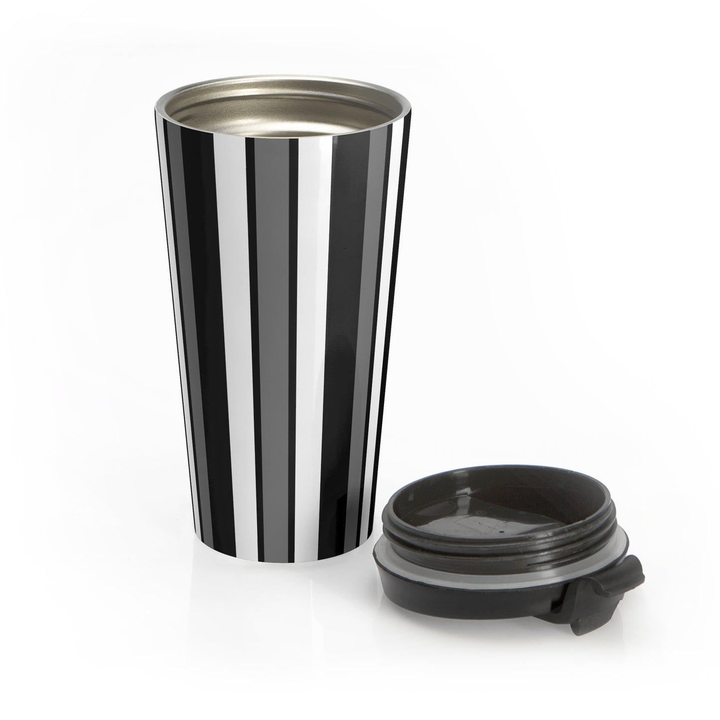 Funky 70's Style Retro Vertical Striped Stainless Steel Travel Mug in Monochrome Black/White/Grey