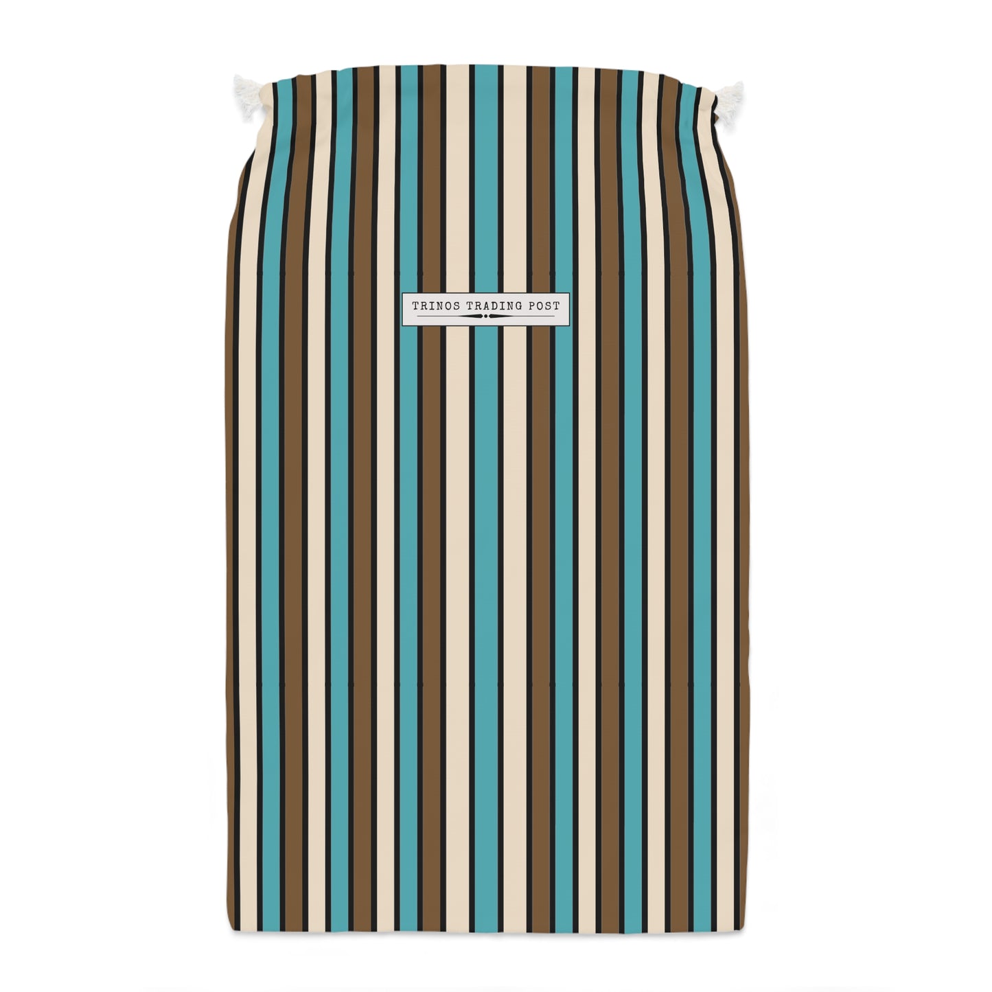 Funky 70's Style Retro Striped Super Delux Laundry Sack in Light Blue/Cream/Coffee Brown