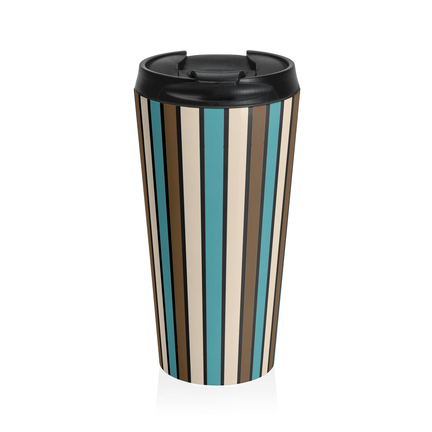 Funky 70's Style Retro Vertical Striped Stainless Steel Travel Mug in Light blue/Cream/Coffee Brown