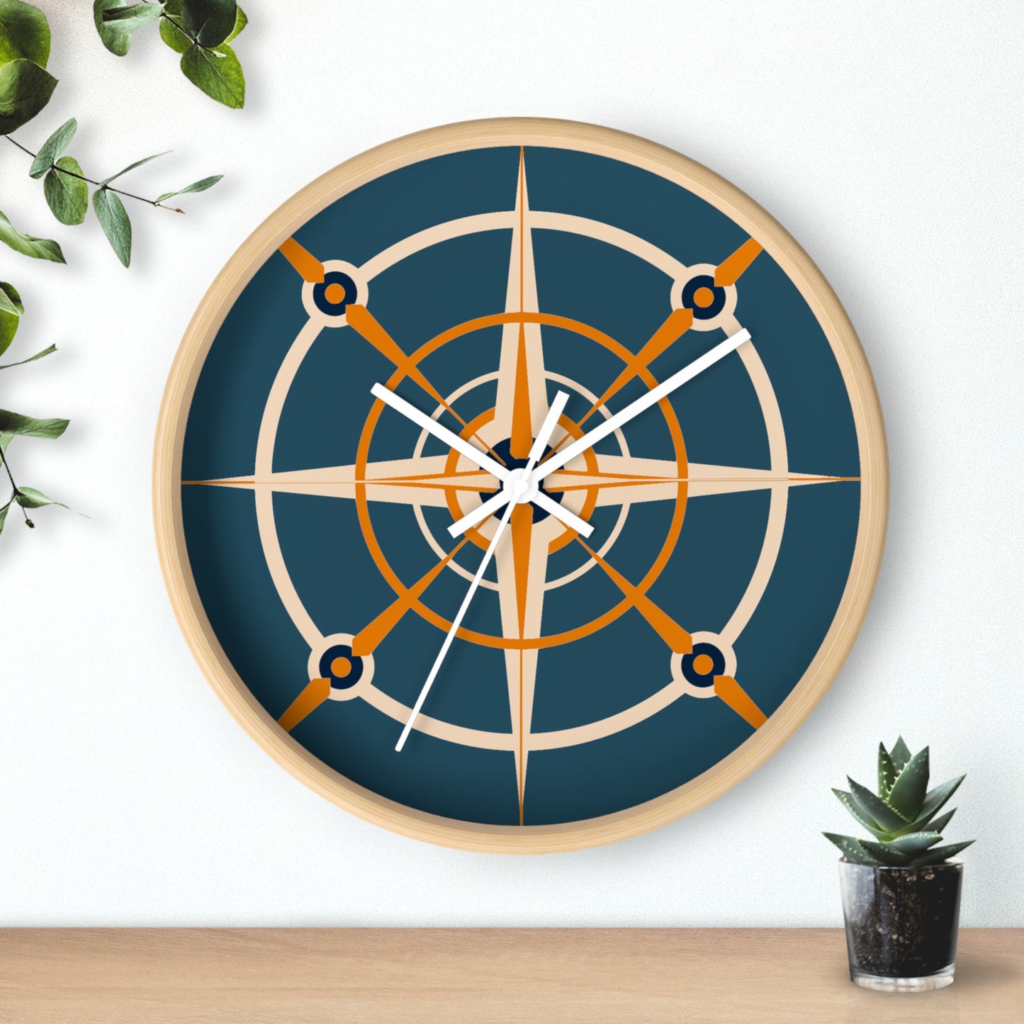 Creamsicle Cream and Blue Compass Rose Wall Clock