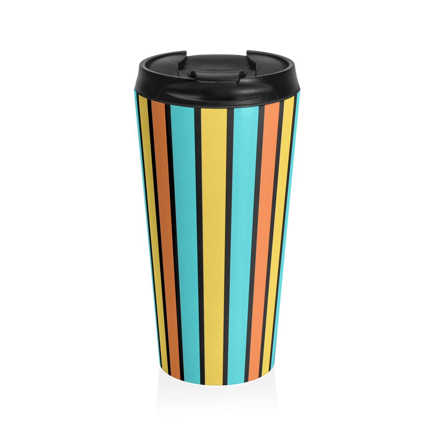 Funky 70's Style Retro Vertical Striped Stainless Steel Travel Mug in Goldenrod/Teal/Orange