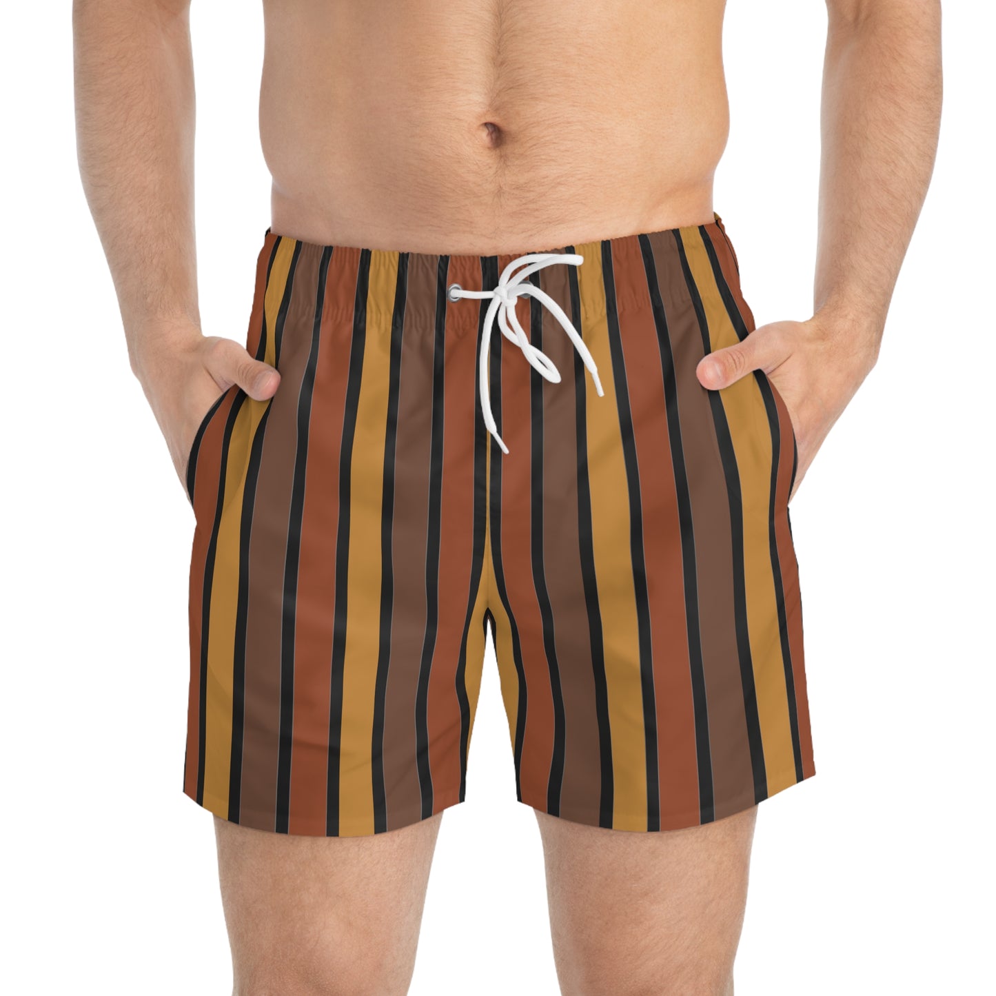 Funky 70's Style Retro Striped Swim Trunks in Shades of Mahogany