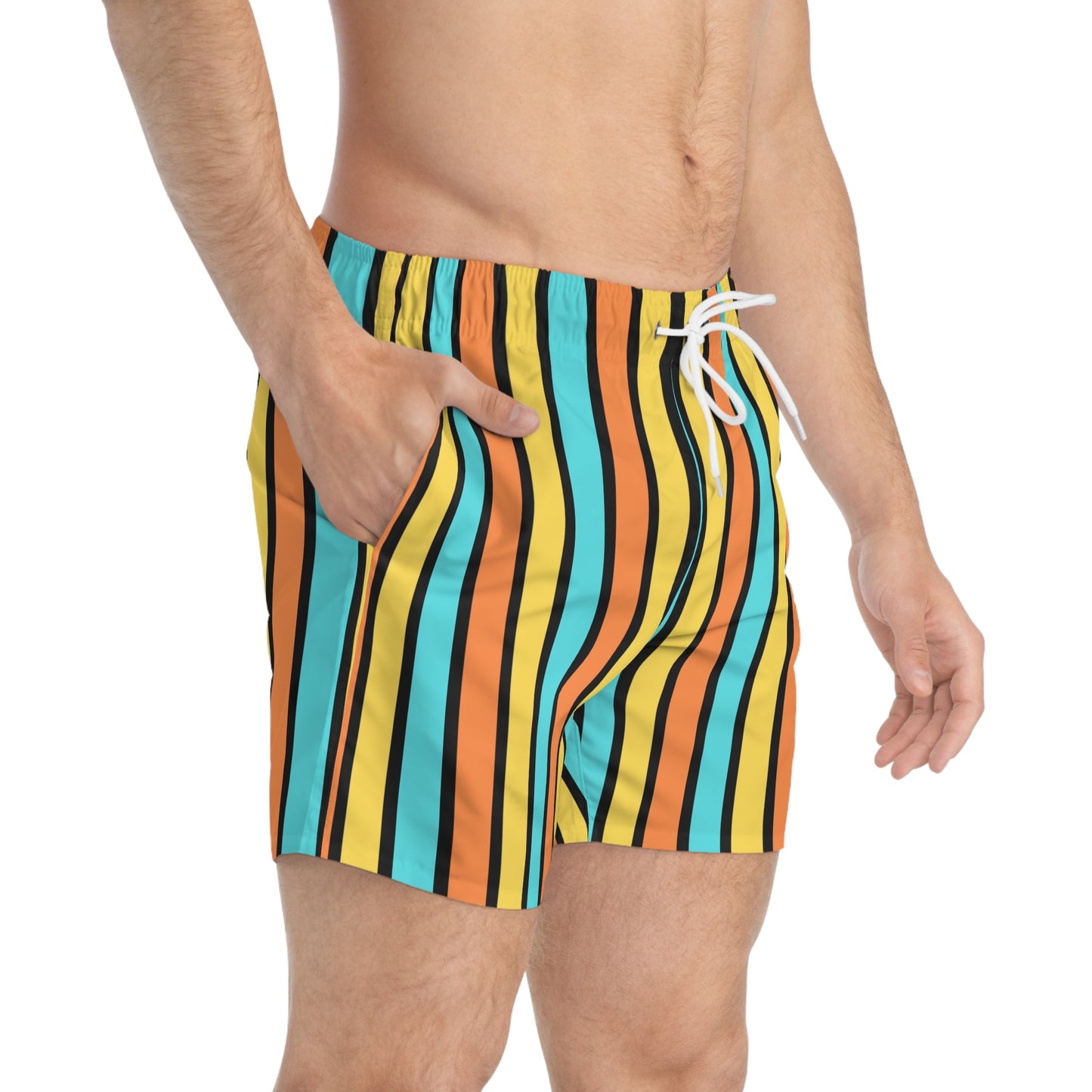 Funky 70's Style Retro Striped Swim Trunks in Goldenrod/Teal/Orange