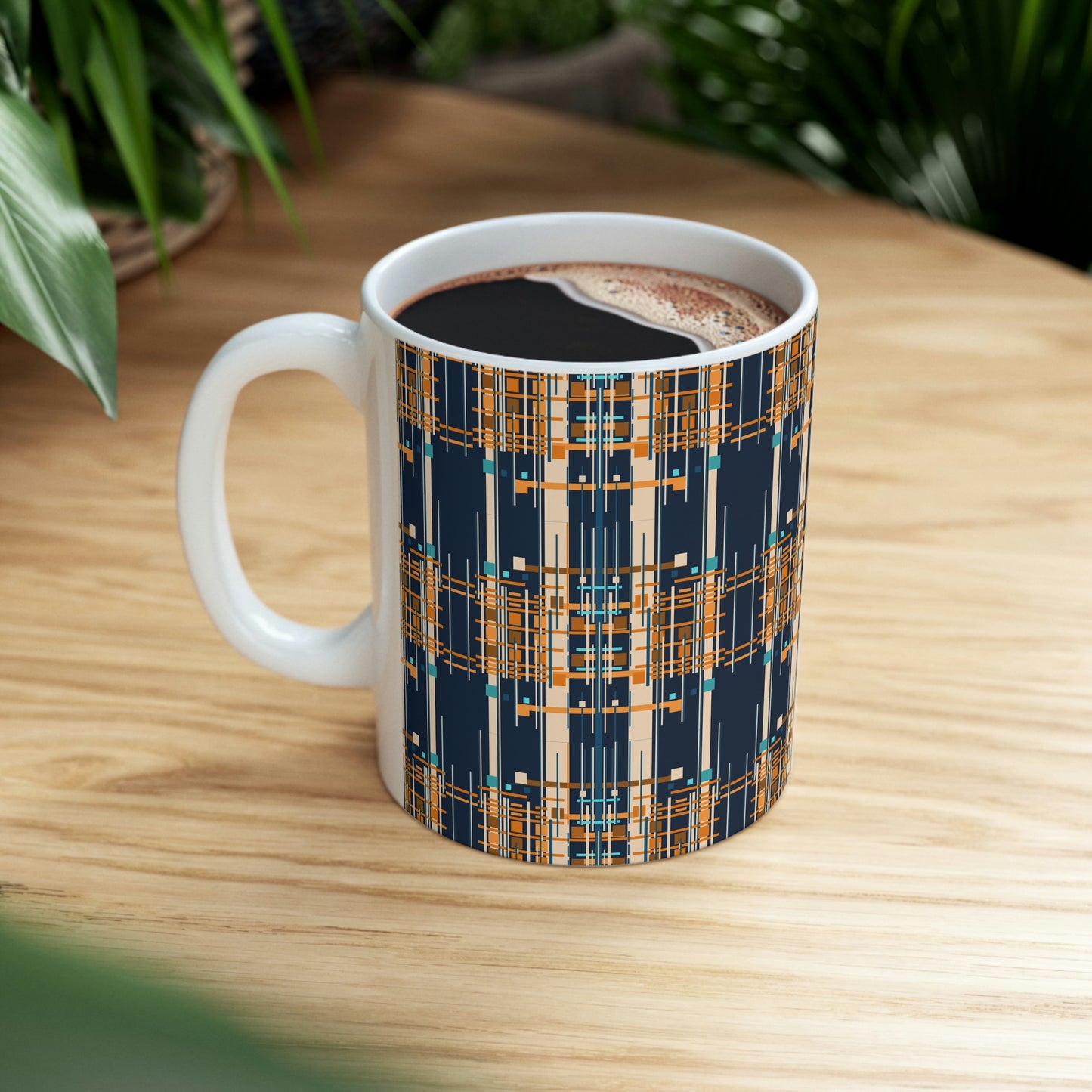 Bamboo Inspired Graphic Ceramic Mug in Dark Blue