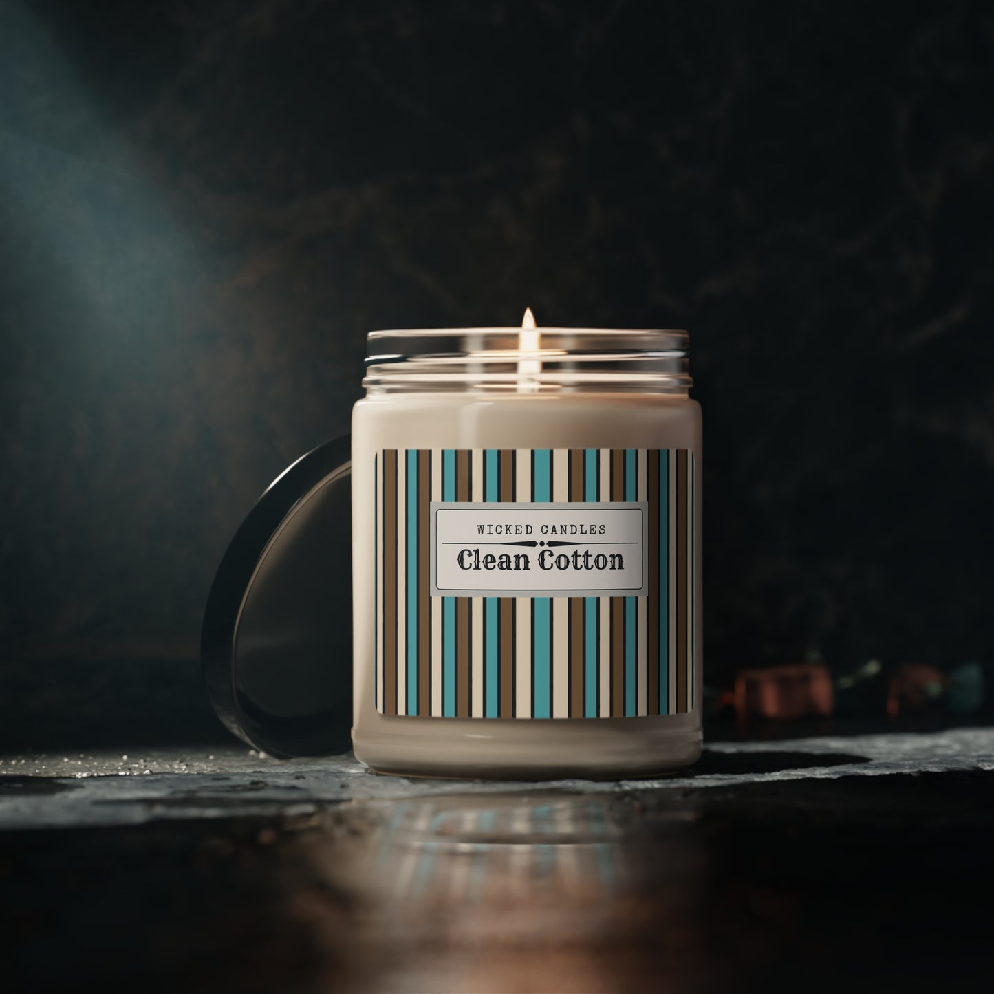 Funky 70's Style Retro Striped Scented Soy Candle, 9oz in Light Blue/Cream/Coffee