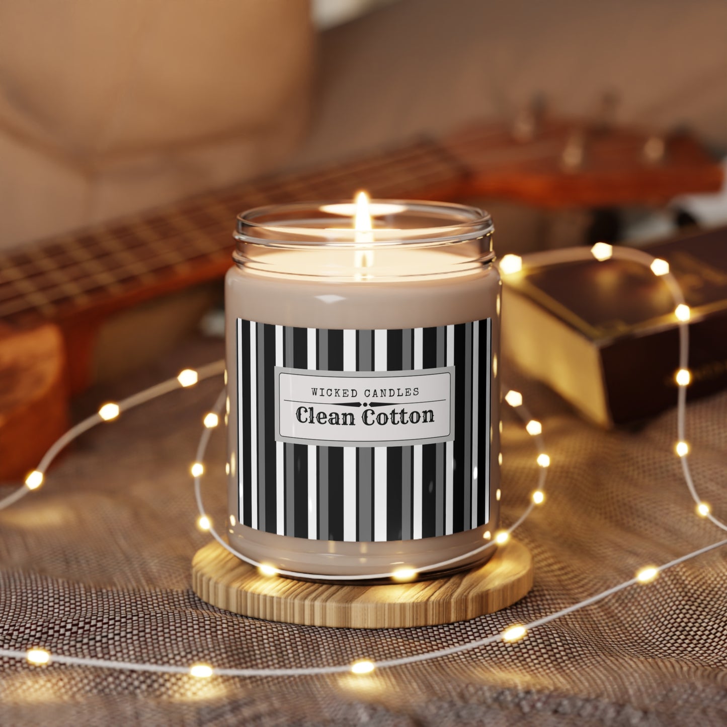 Funky 70's Style Retro Striped Scented Soy Candle, 9oz in Monochrome Black/White/Grey