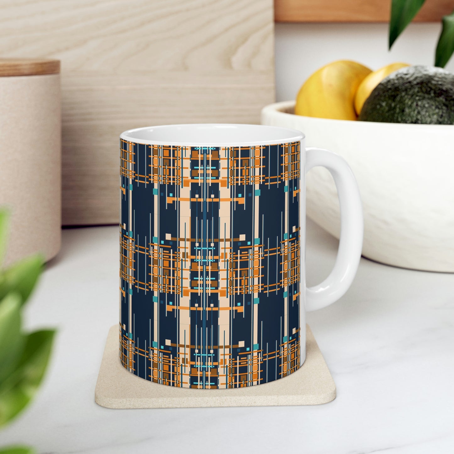 Bamboo Inspired Graphic Ceramic Mug in Dark Blue