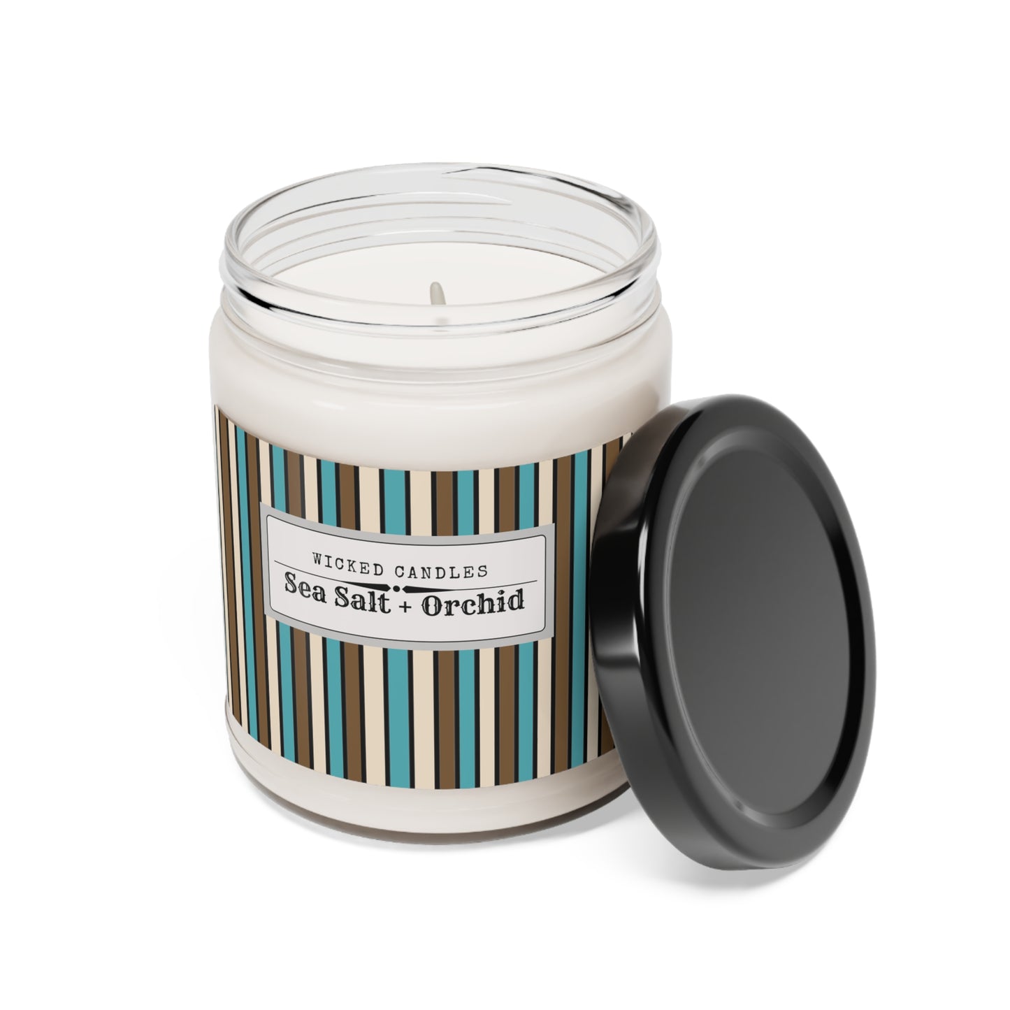 Funky 70's Style Retro Striped Scented Soy Candle, 9oz in Light Blue/Cream/Coffee