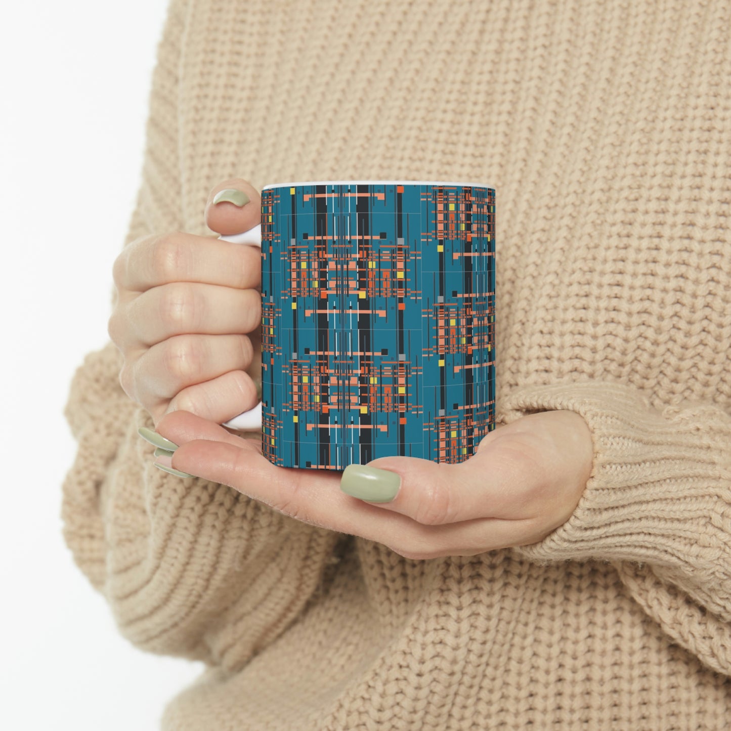 Bamboo Inspired Graphic Ceramic Mug in Medium Electric Blue