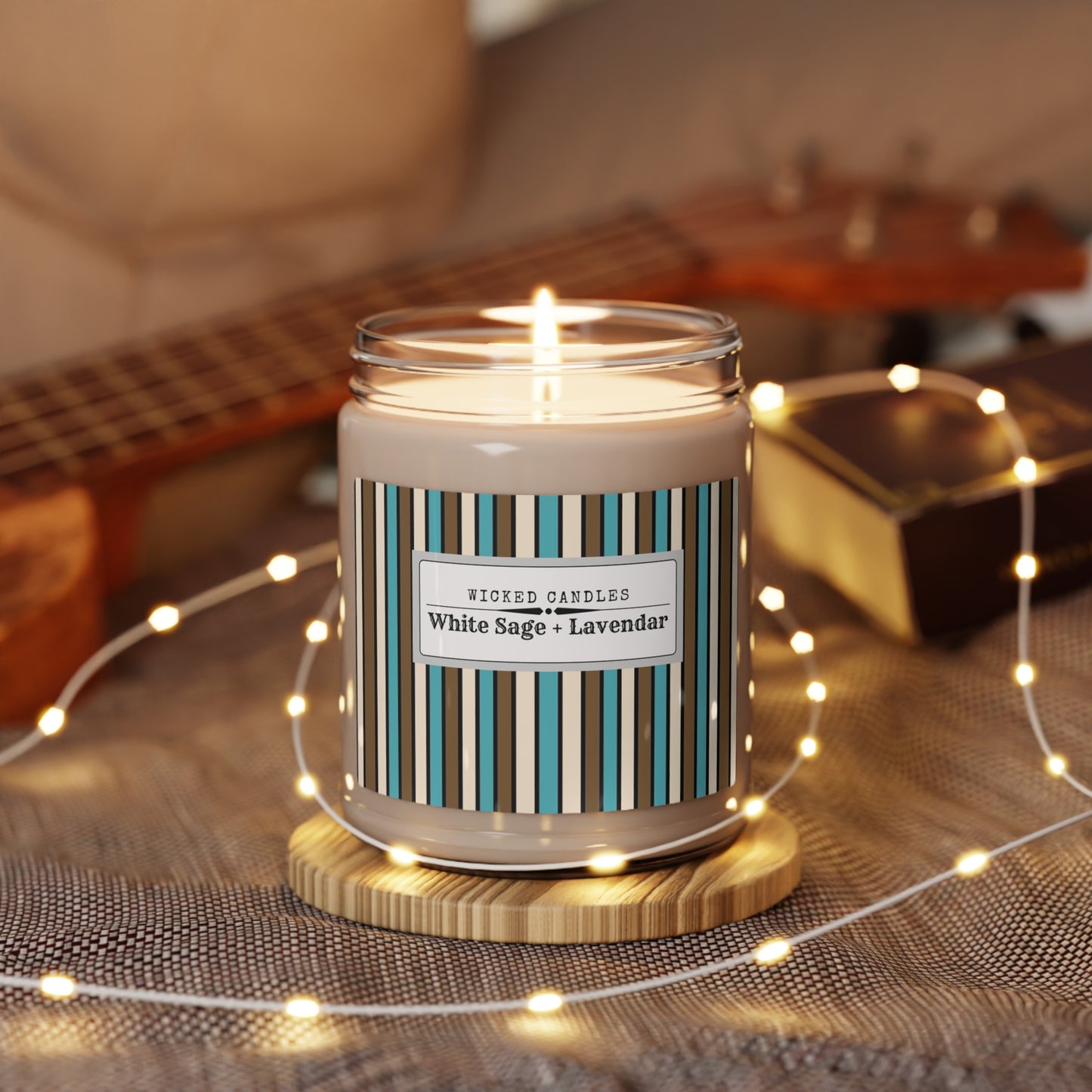 Funky 70's Style Retro Striped Scented Soy Candle, 9oz in Light Blue/Cream/Coffee