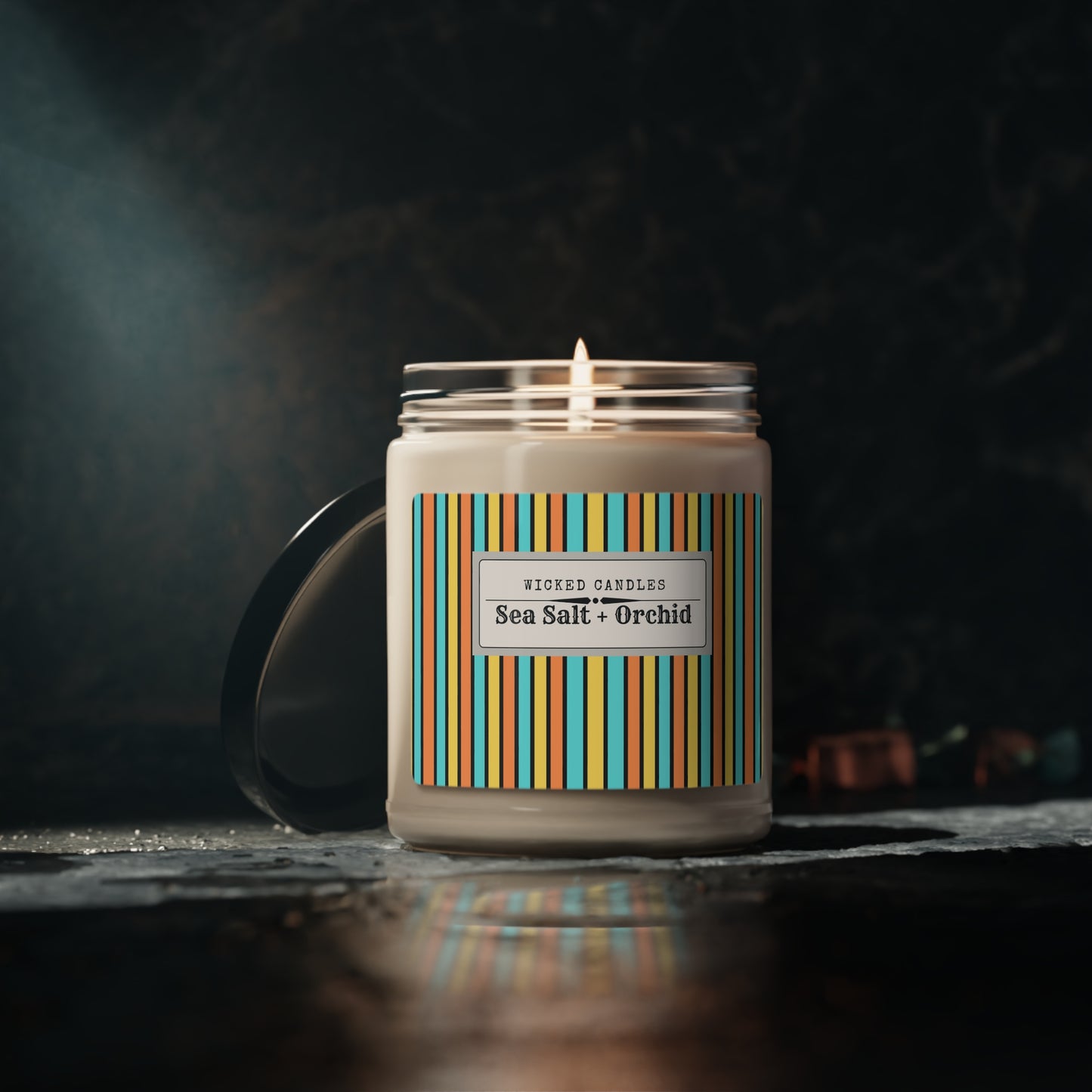 Funky 70's Style Retro Striped Scented Soy Candle, 9oz in Goldenrod/Teal/Orange