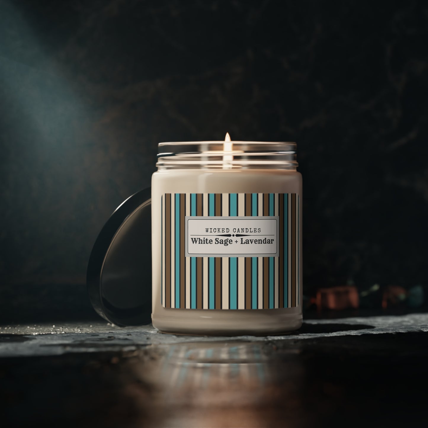 Funky 70's Style Retro Striped Scented Soy Candle, 9oz in Light Blue/Cream/Coffee