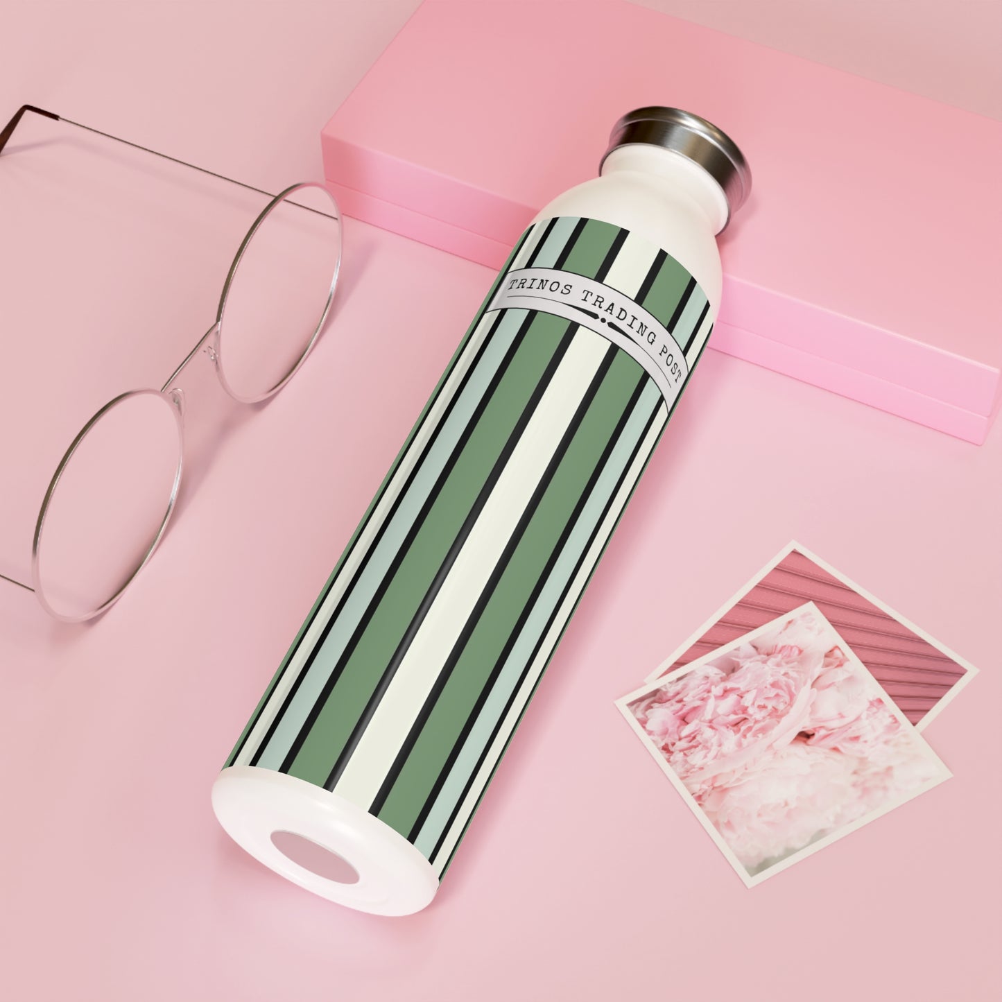 Funky 70's Style Retro Stiped 20oz Slim Water Bottle in shades of Seafoam Green