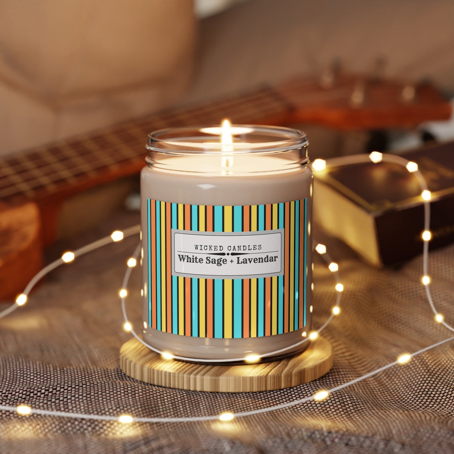 Funky 70's Style Retro Striped Scented Soy Candle, 9oz in Goldenrod/Teal/Orange