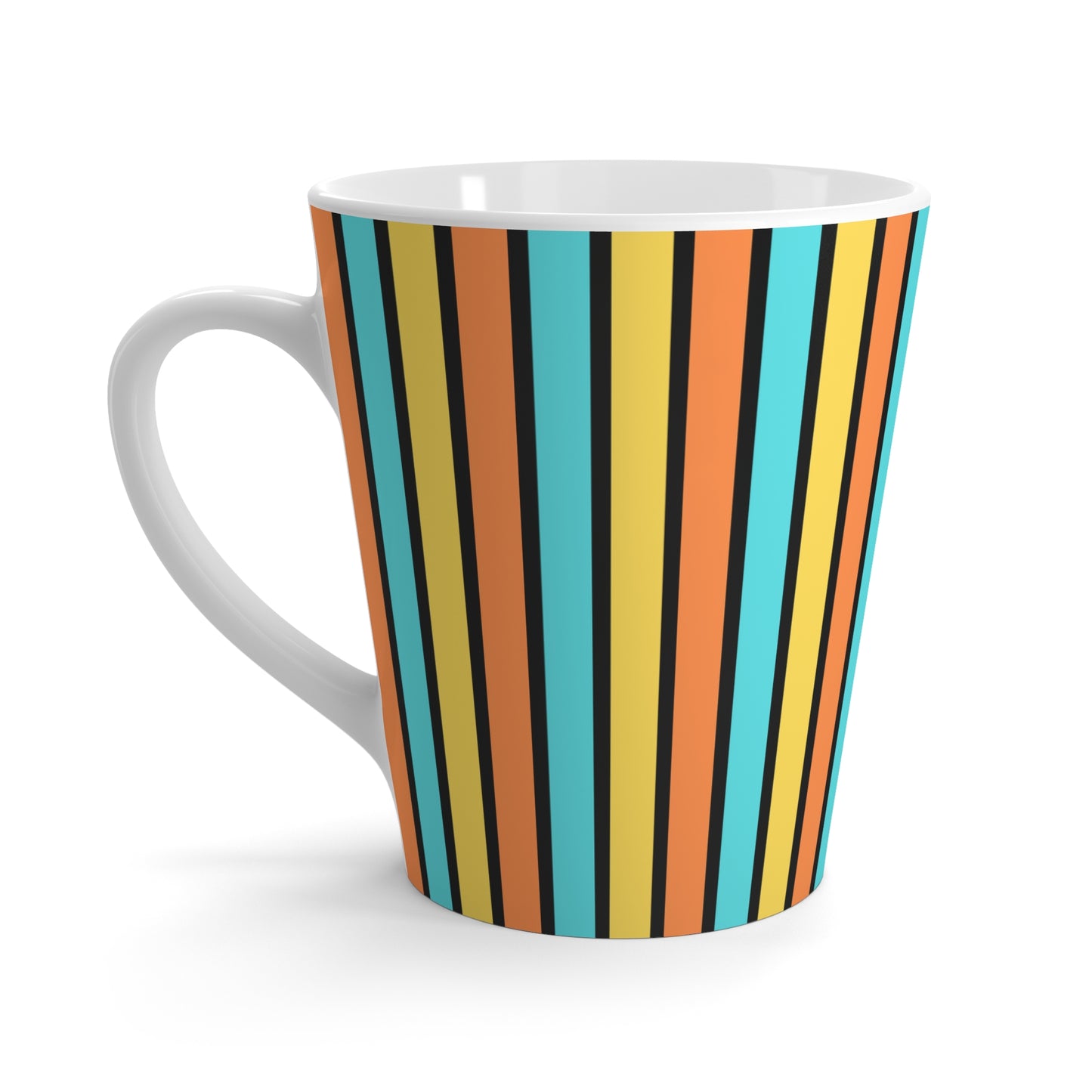 Funky Retro 70's Striped Ceramic Latte Mug: Goldenrod/Teal/Orange