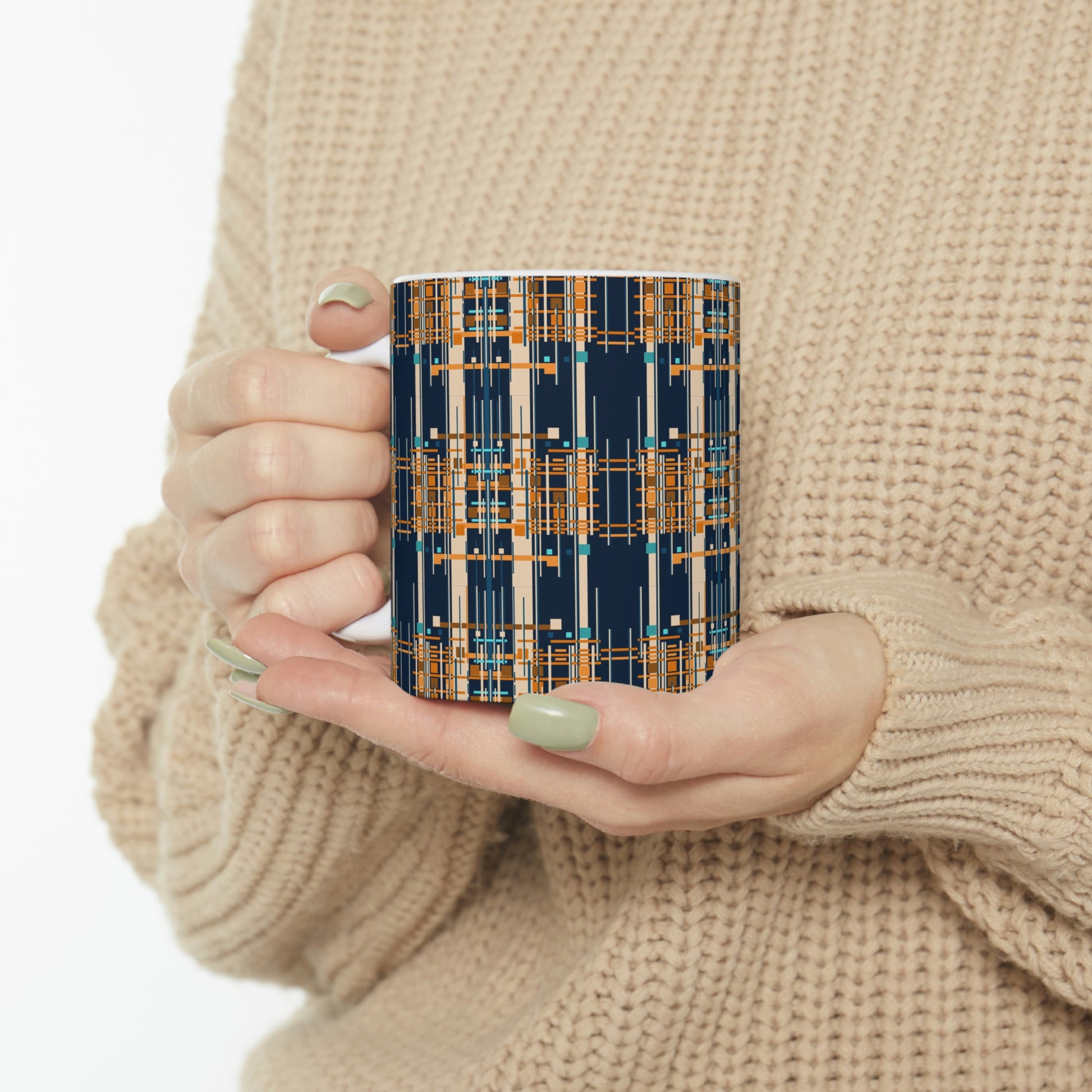 Bamboo Inspired Graphic Ceramic Mug in Dark Blue