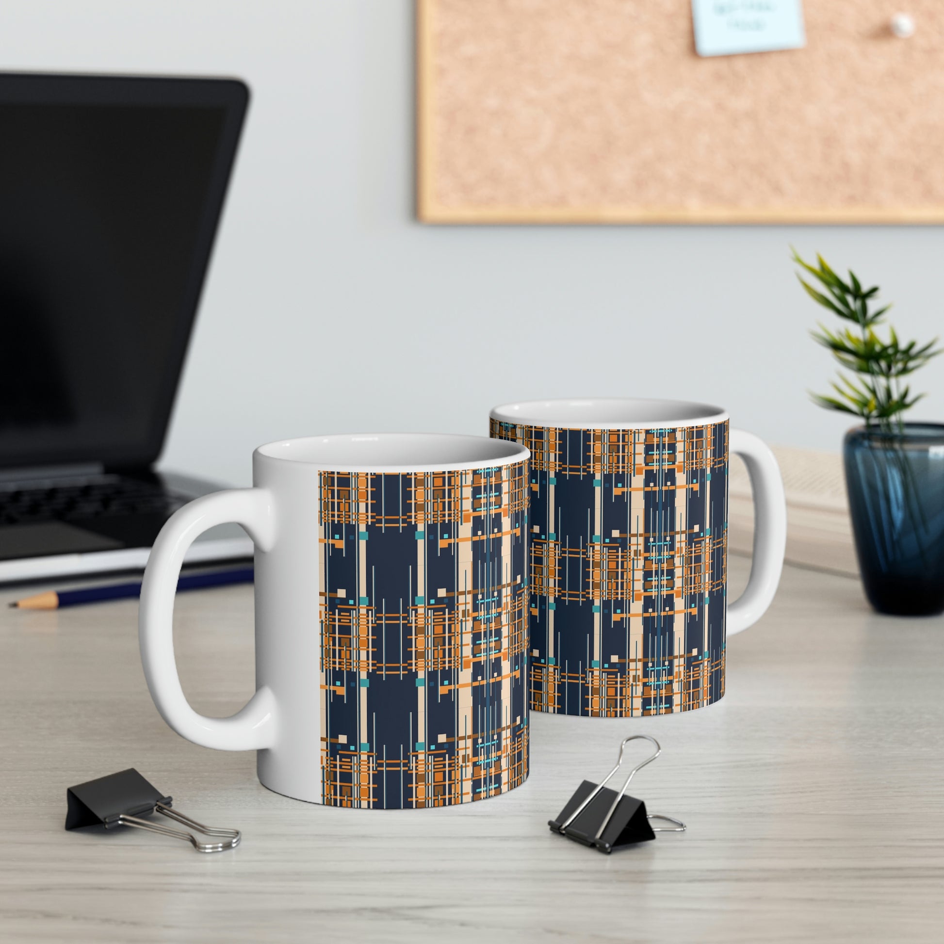 Bamboo Inspired Graphic Ceramic Mug in Dark Blue