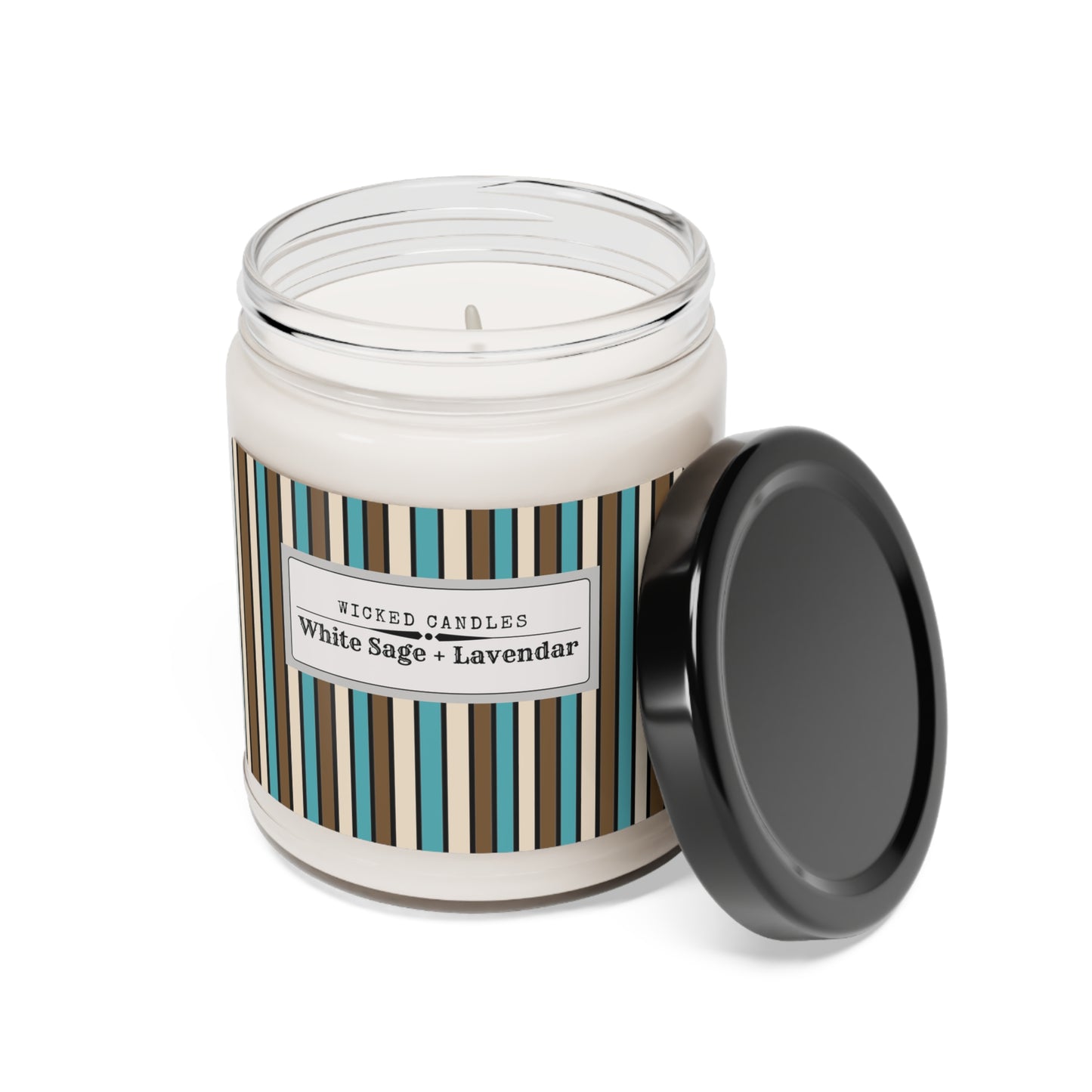 Funky 70's Style Retro Striped Scented Soy Candle, 9oz in Light Blue/Cream/Coffee