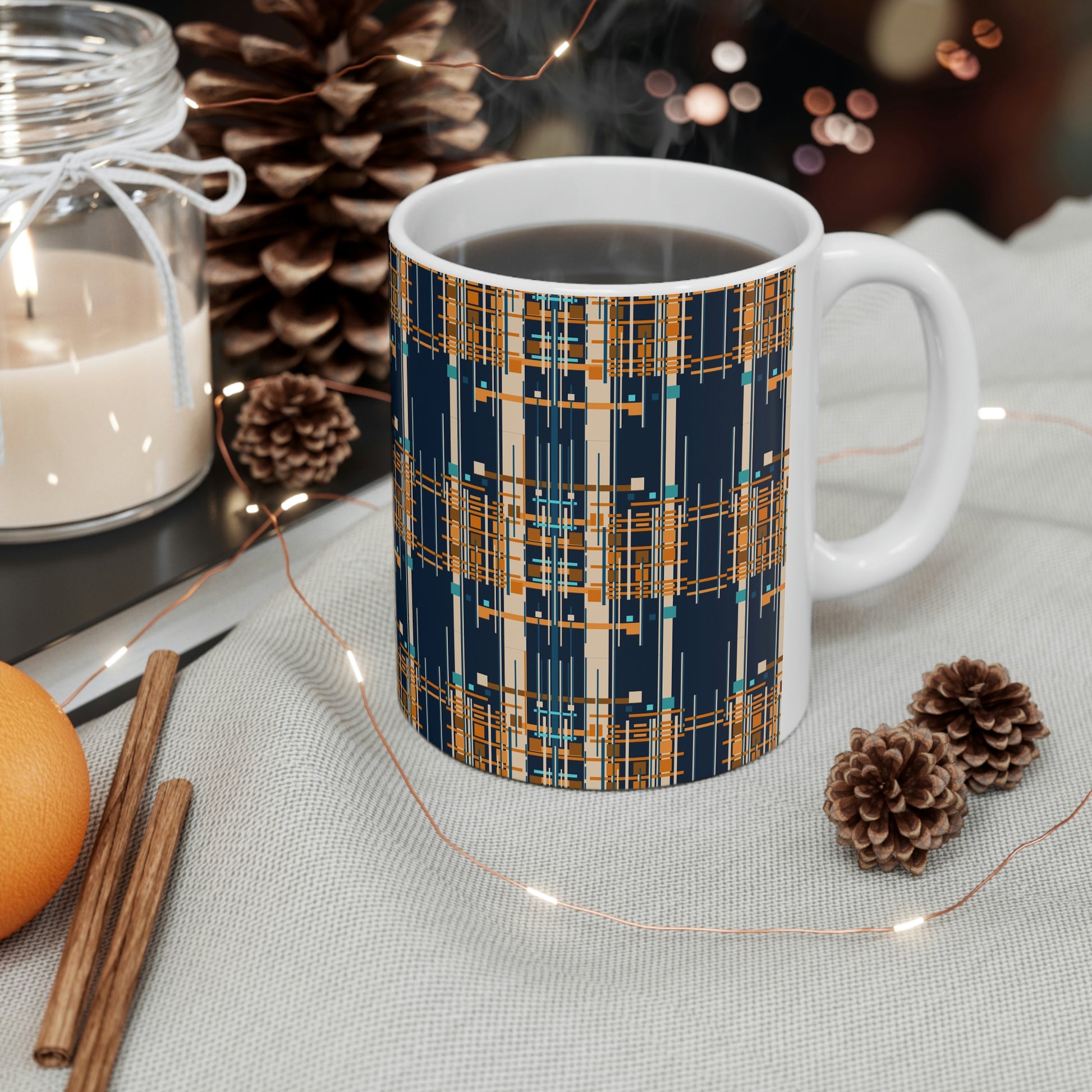 Bamboo Inspired Graphic Ceramic Mug in Dark Blue