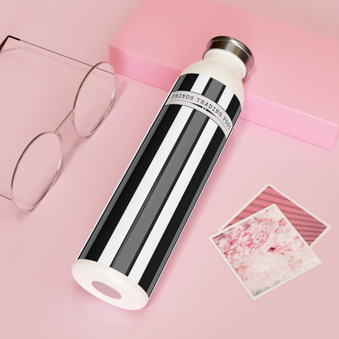 Funky 70's Style Retro Striped 20oz Slim Water Bottle in Monochrome Black/White/Grey