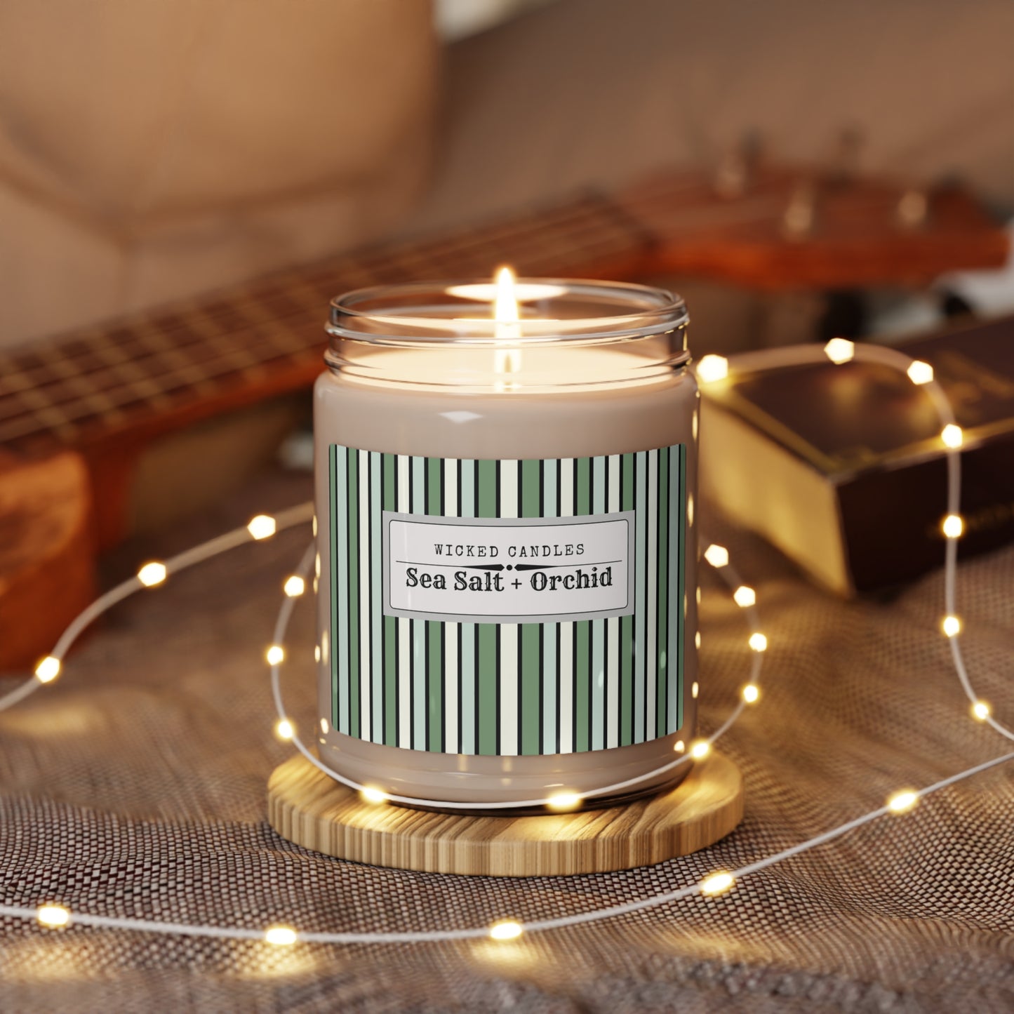 Funky 70's Style Retro Striped Scented Soy Candle, 9oz in Shades of Seafoam Green