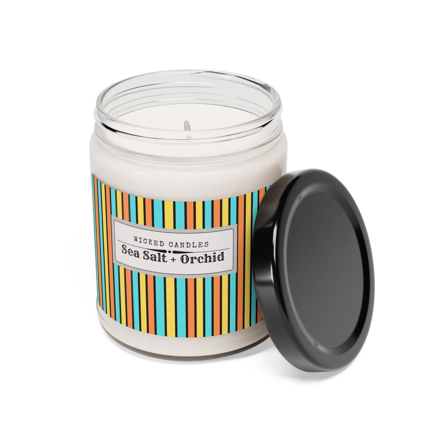 Funky 70's Style Retro Striped Scented Soy Candle, 9oz in Goldenrod/Teal/Orange