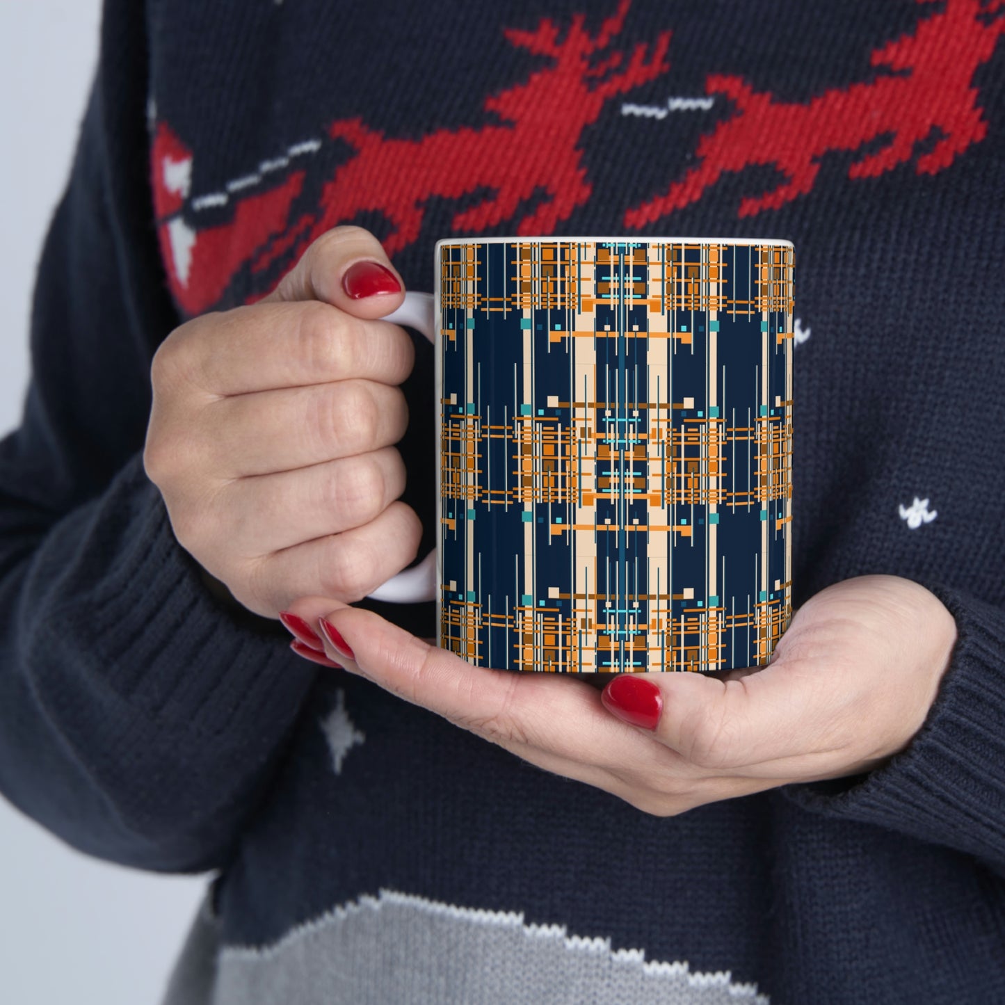 Bamboo Inspired Graphic Ceramic Mug in Dark Blue