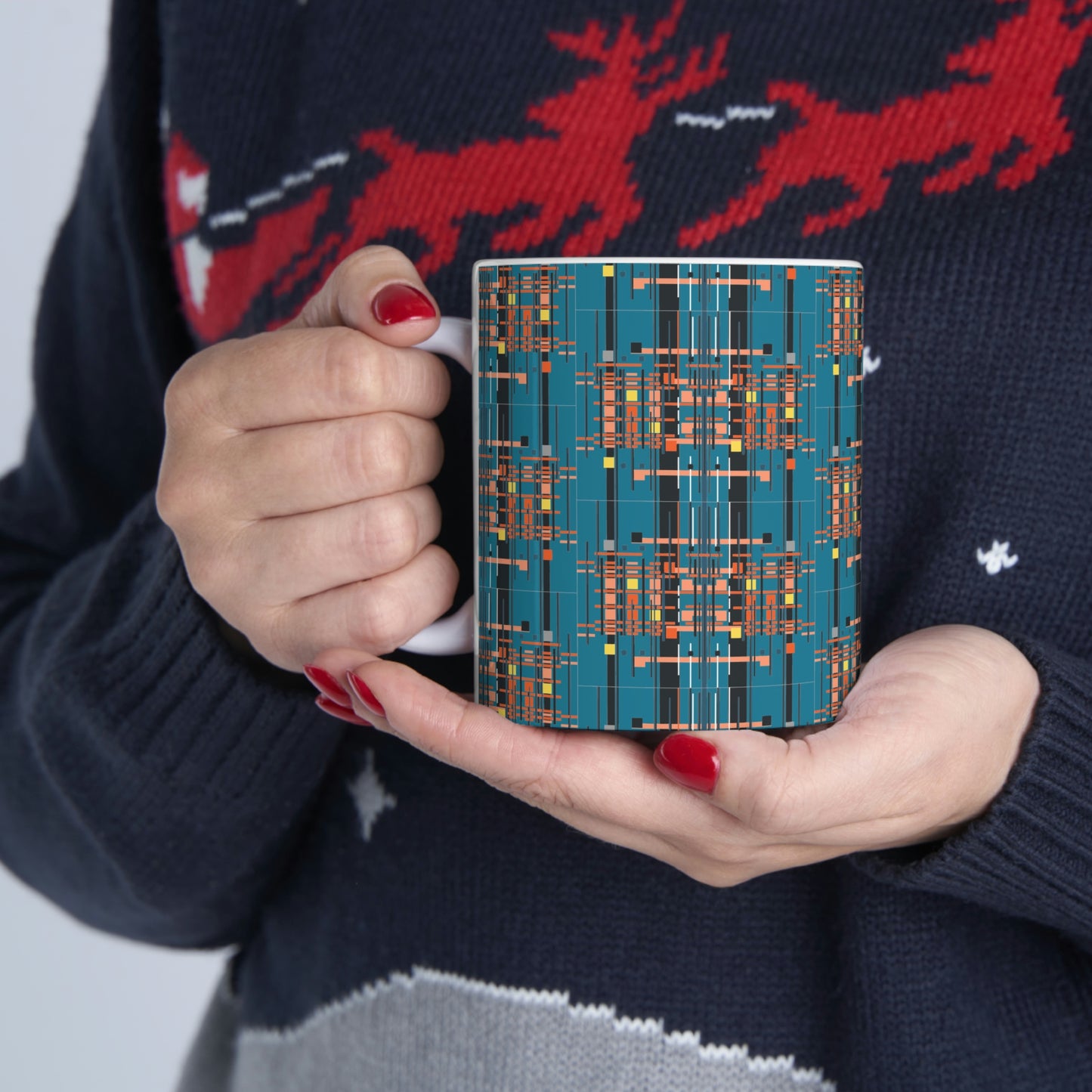 Bamboo Inspired Graphic Ceramic Mug in Medium Electric Blue