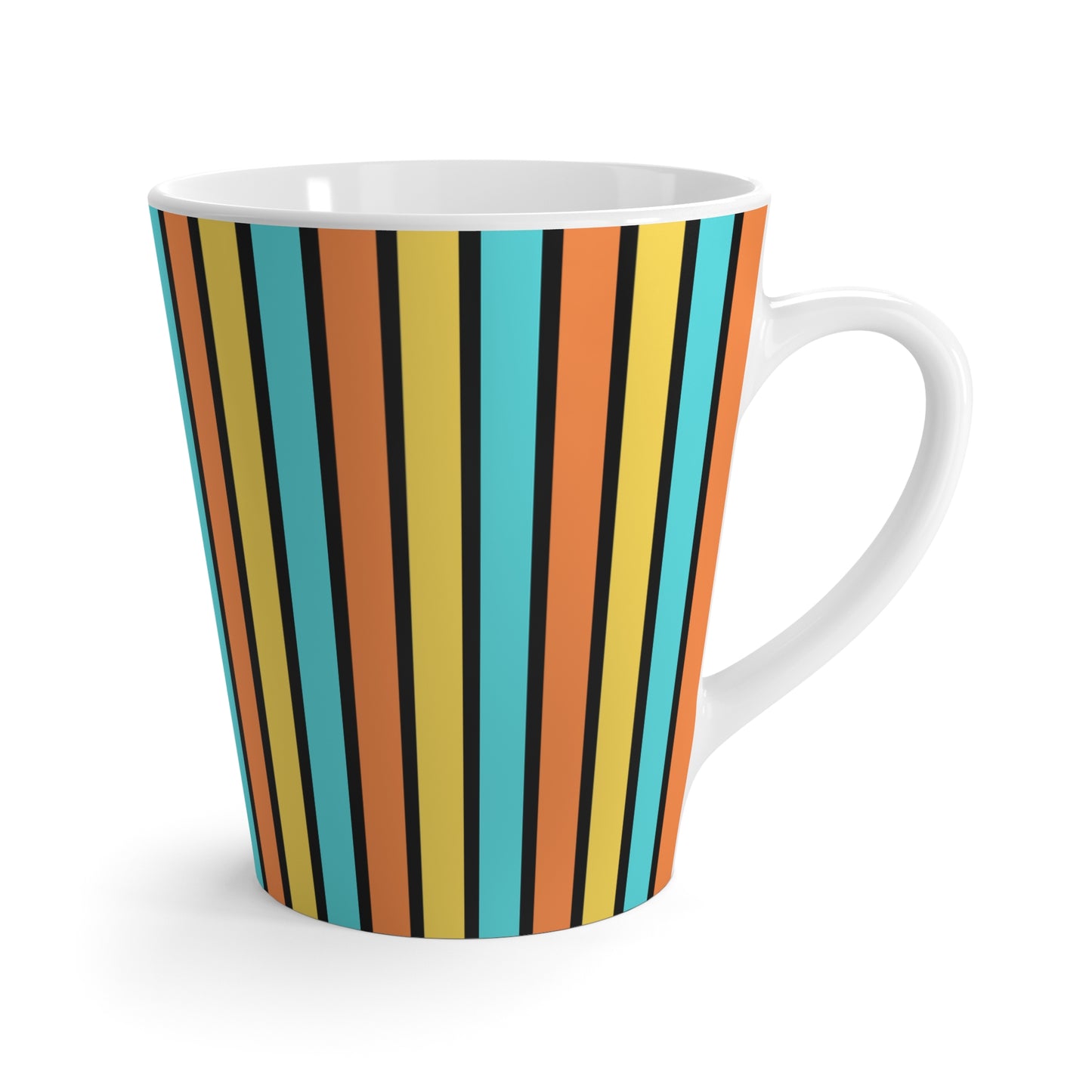 Funky Retro 70's Striped Ceramic Latte Mug: Goldenrod/Teal/Orange