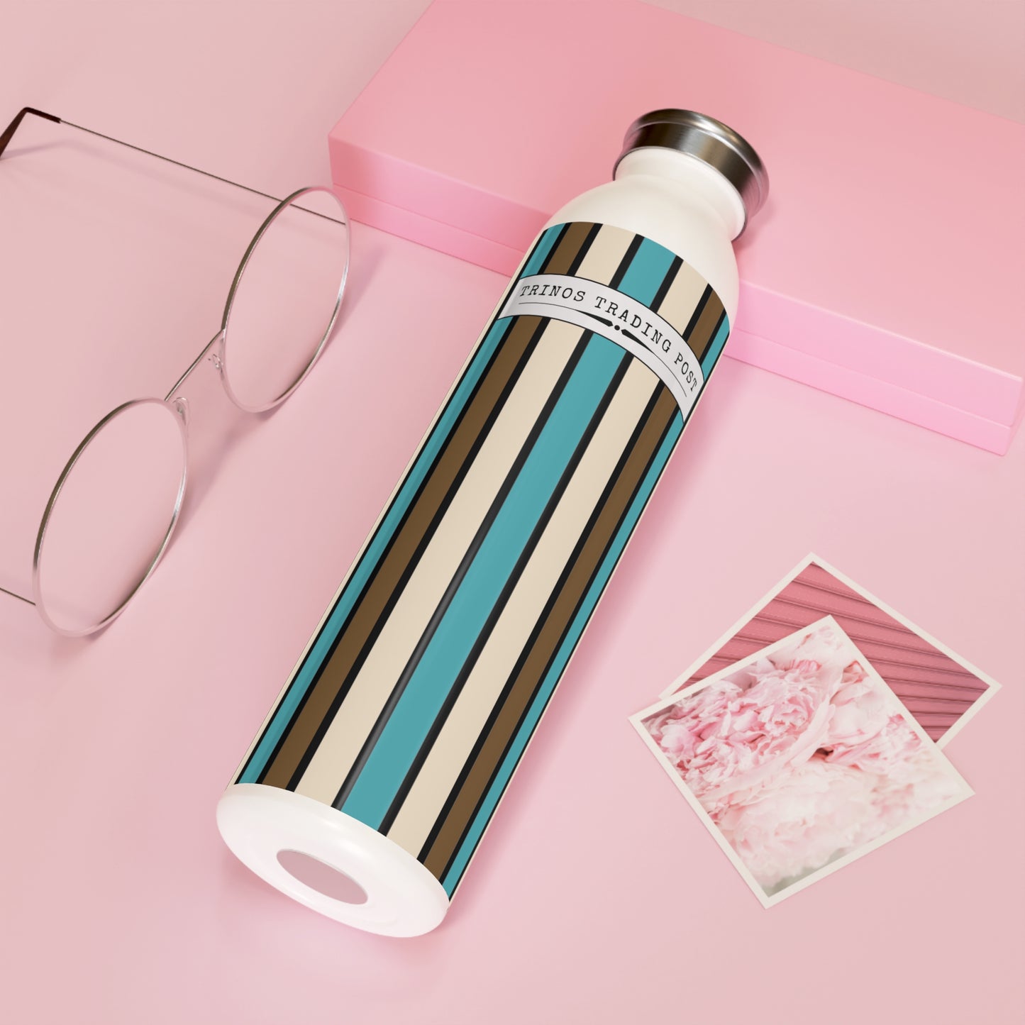 Funky 70's Style Retro Striped 20oz Slim Water Bottle in Light BLue/Cream/Coffee