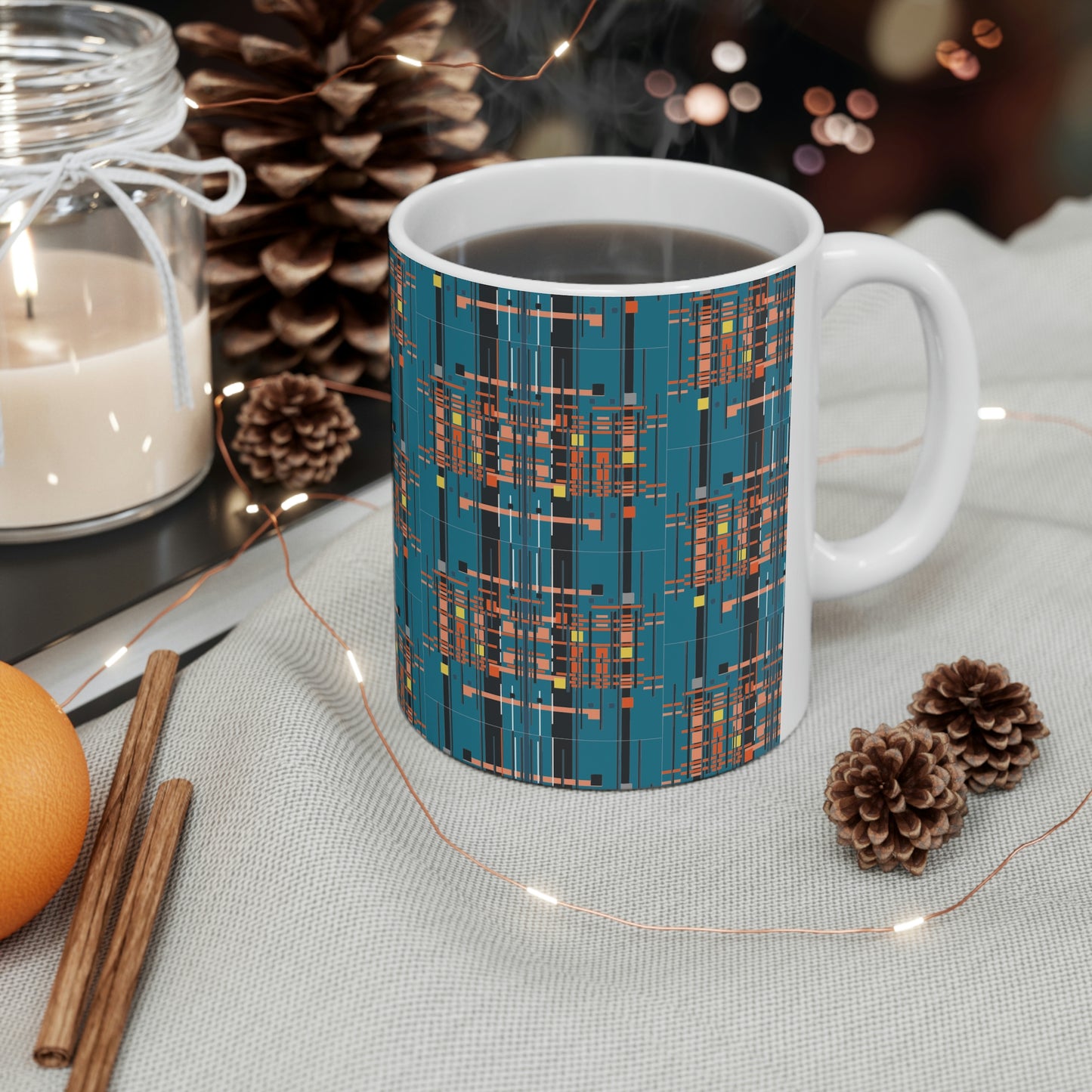 Bamboo Inspired Graphic Ceramic Mug in Medium Electric Blue